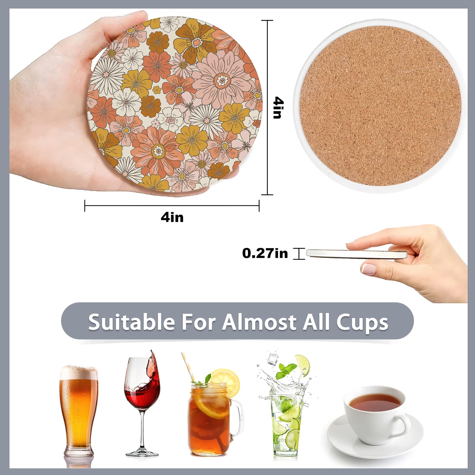 6 Pcs Coasters For Drinks With Holder,Retro 70S 60S Floral Hippie Flowers Absorbent Coaster With Cork Backing,Great Gift For Hou