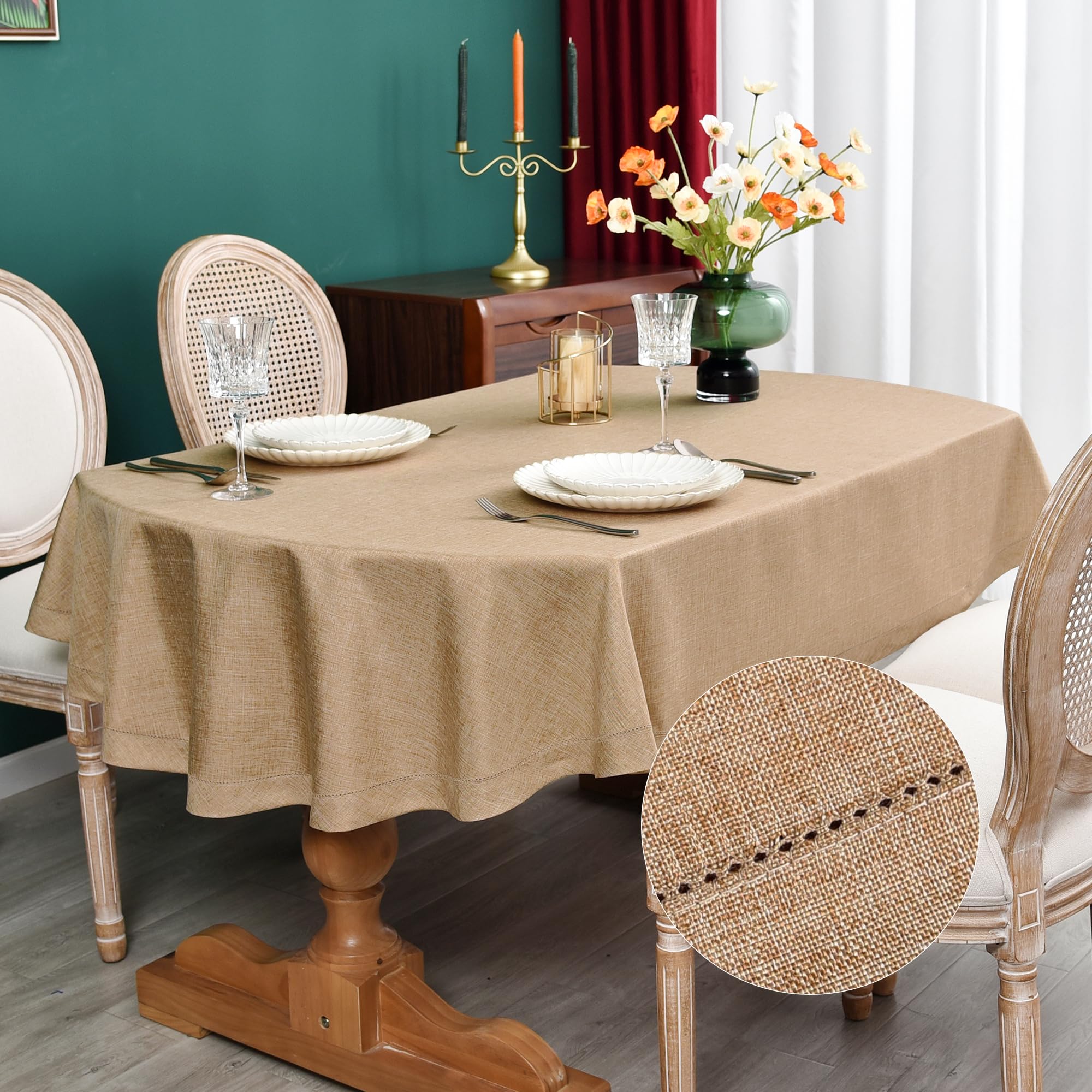 Newisher Farmhouse Oval Hemstitch Border Tablecloth Neutral Faux Linen Table Cloth Rustic Solid Flaxen Table Cover For Dining Ki