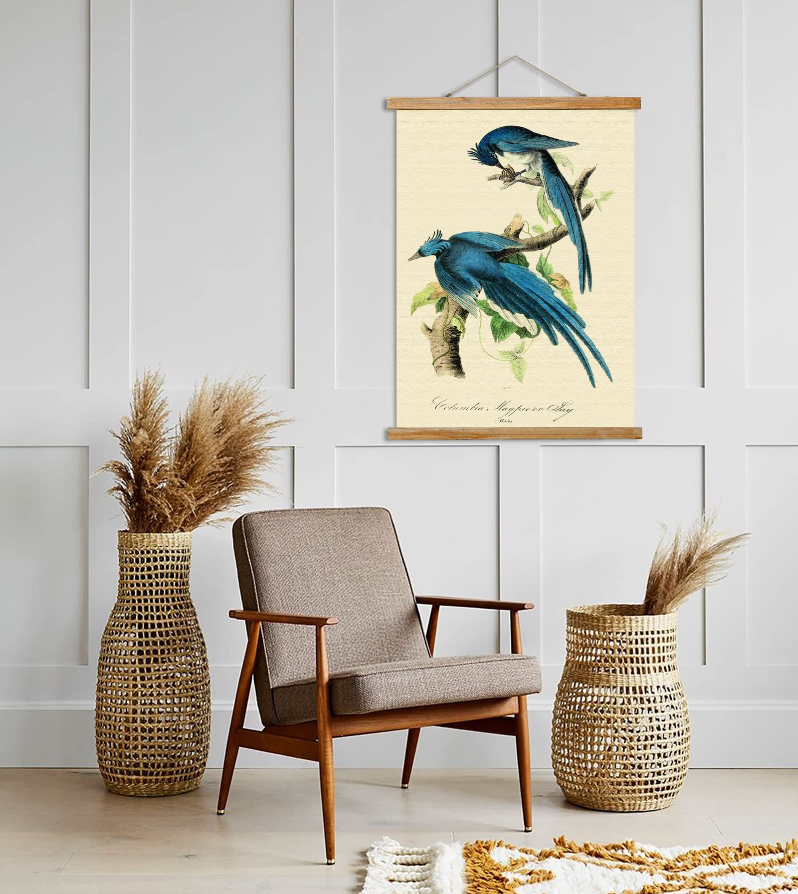 Vintage Birds Poster Hanger Frame, Retro Style Of Wall Art Prints, Printed On Linen With Natural Wooden Frames, Illustrative Ref