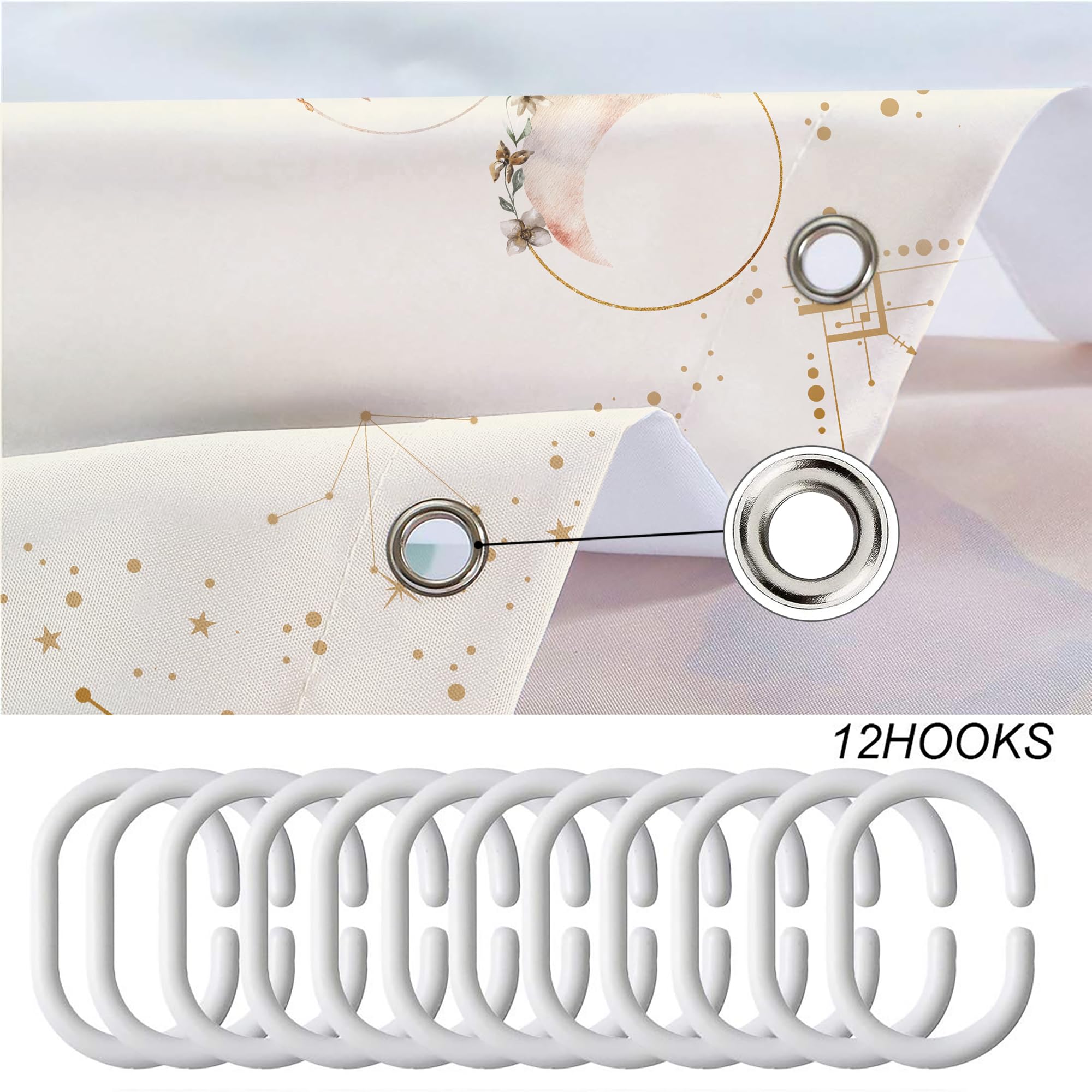 Miyotaa Moon Phase Celestial Moonlit Gothic Shower Curtain Set 71Wx71H Inches Zodiac Constellation Astrology Tarot Witch Floral