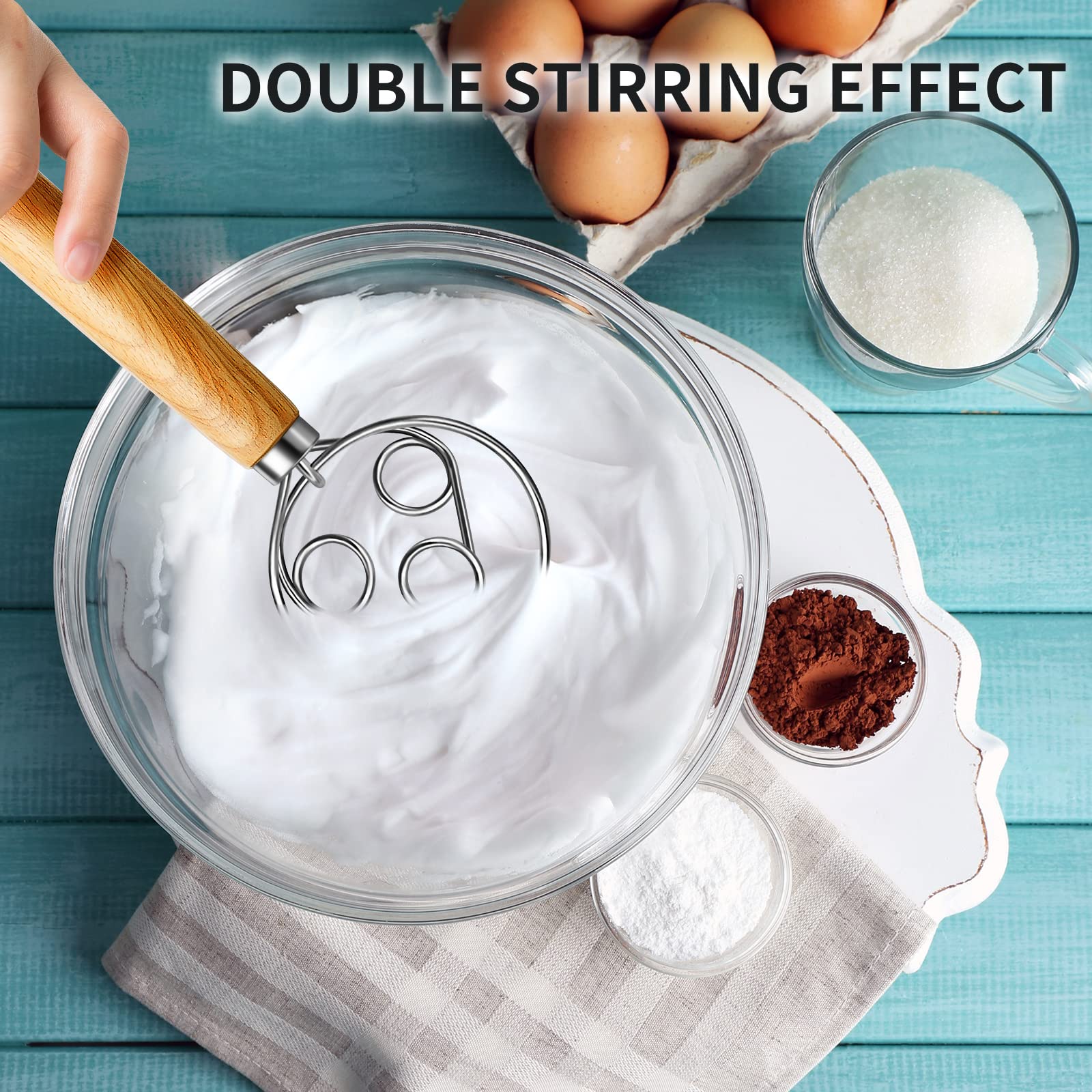 Teevea Danish Dough Whisk Stainless Steel Hook Dutch Style Bread Dough Hand Mixer Wooden Handle For Sourdough Making Baking Whis