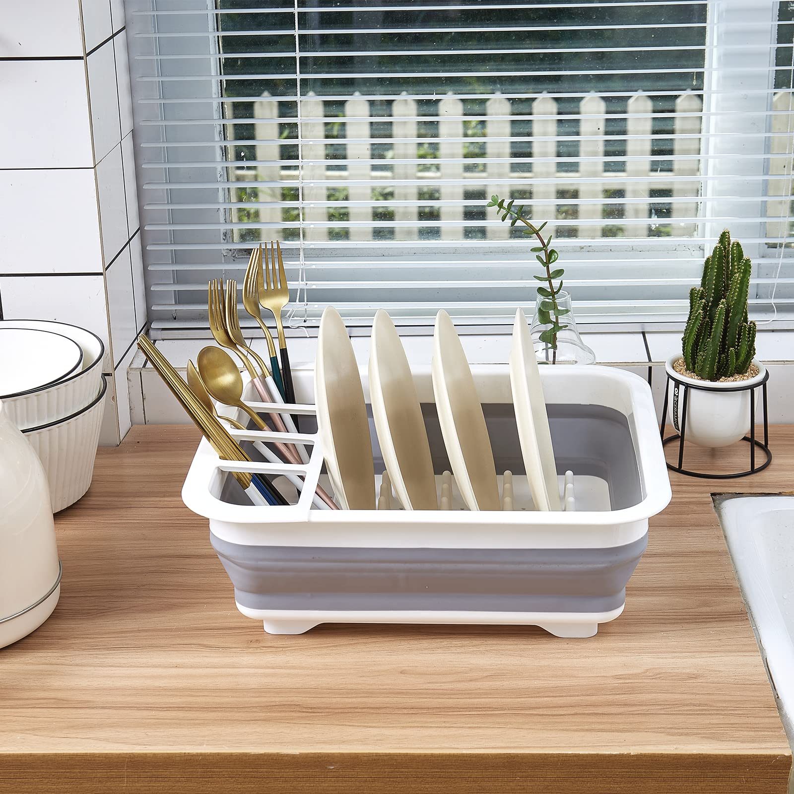 Goderewild Collapsible Dish Rack With Drainboard For Drying Dishes - Space-Saving Foldable Design With Dinnerware Storage Tray/B