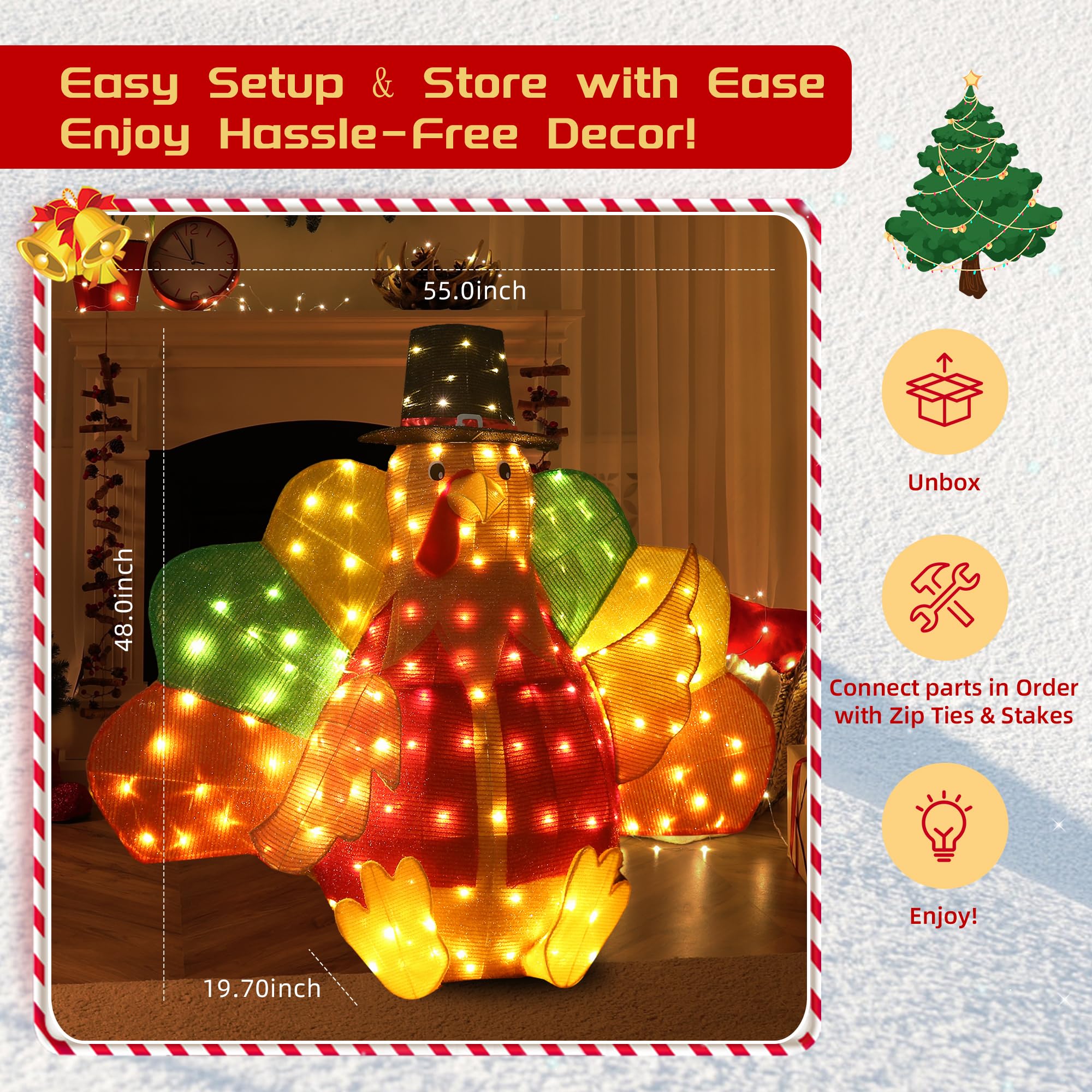 48Inch Lighted Turkey Outdoor Christmas/Thanksgiving Decorations Turkey Light for Fall Harvest Halloween Decor Fall Decorations