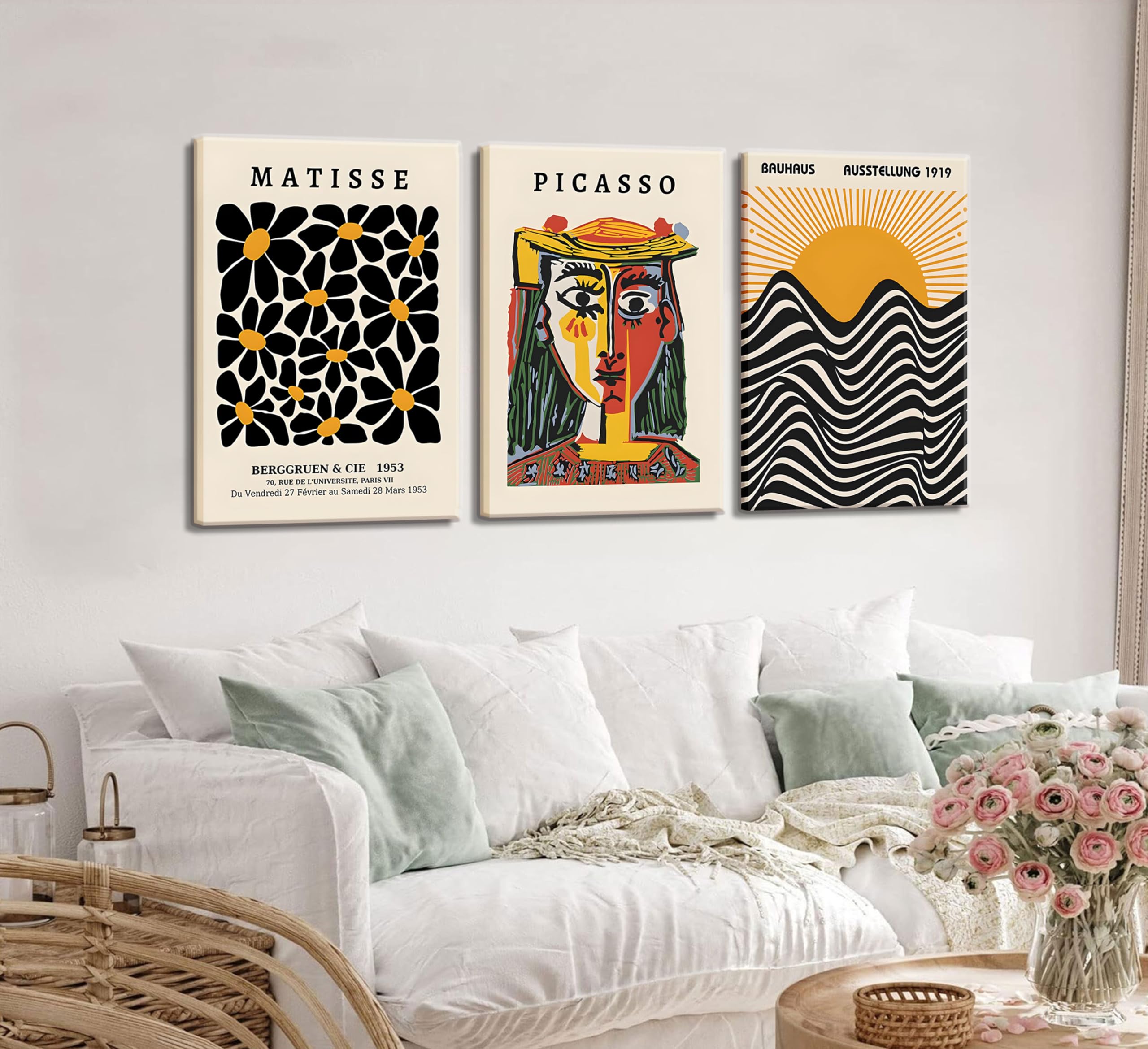 3 Pack Framed Gallery Wall Art Picasso Matisse Bauhaus Set Canvas Prints Abstract Paintings Posters Orange Black Modern Minimali