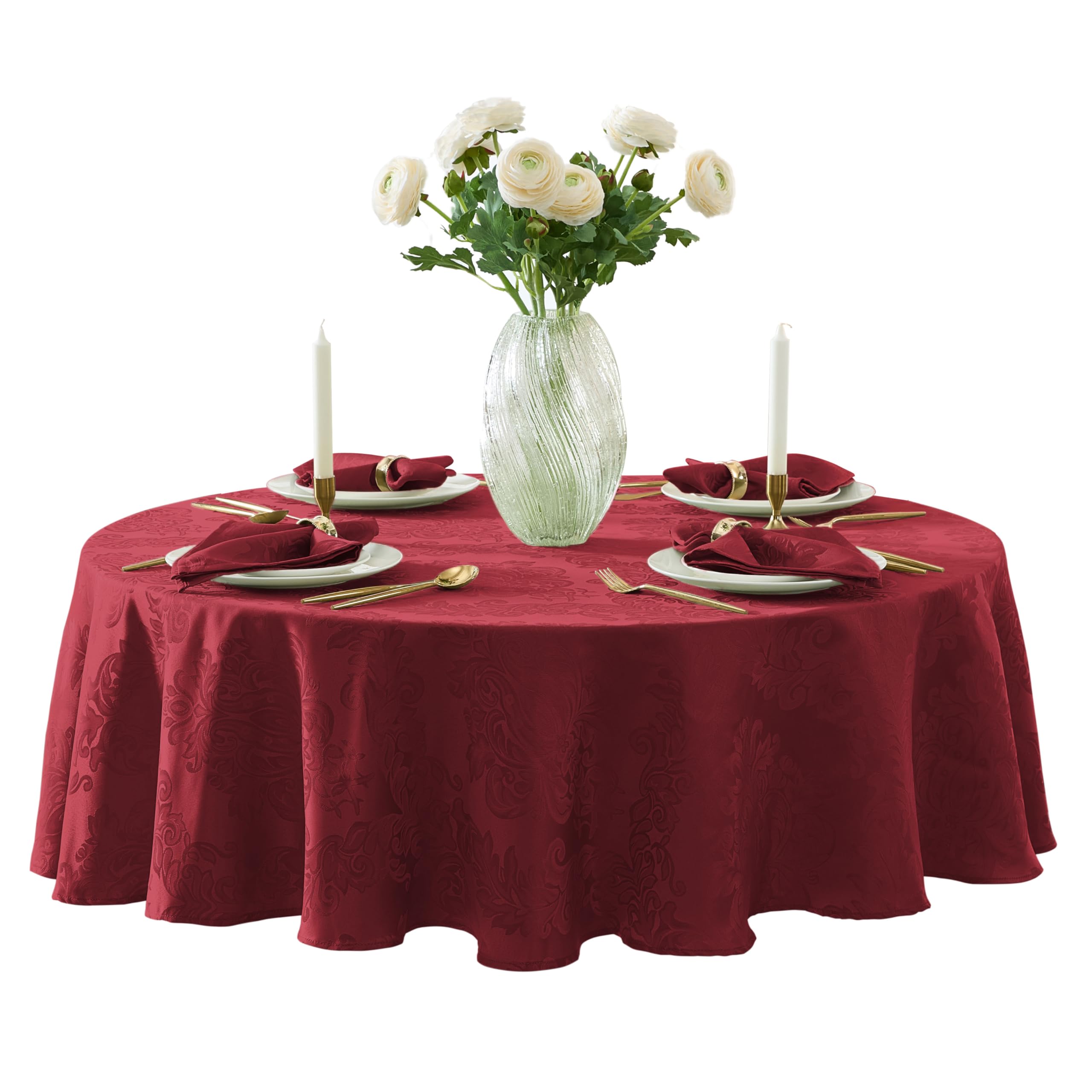 Newbridge Barcelona Damask Fabric Tablecloth, 70 Inch Round, Burgundy - No Iron, Soil Resistant Table Cover for Dining, Parties 