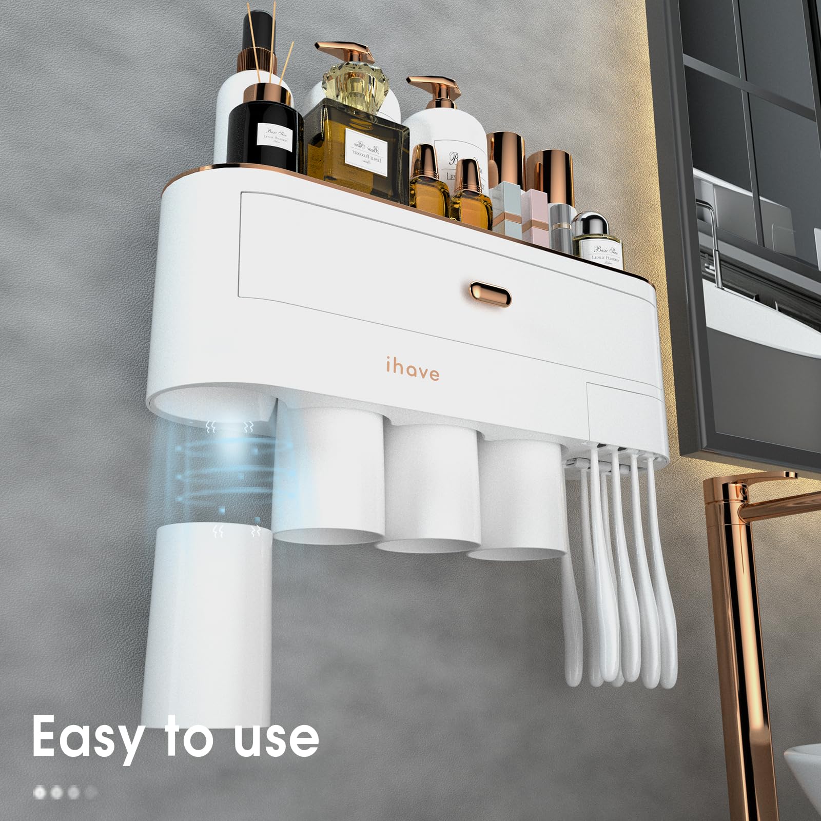 Ihave Toothbrush Holders For Bathrooms, 4 Cups Toothbrush Holder Wall Mounted With Large Capacity Drawer And Tray - Bathroom Sto