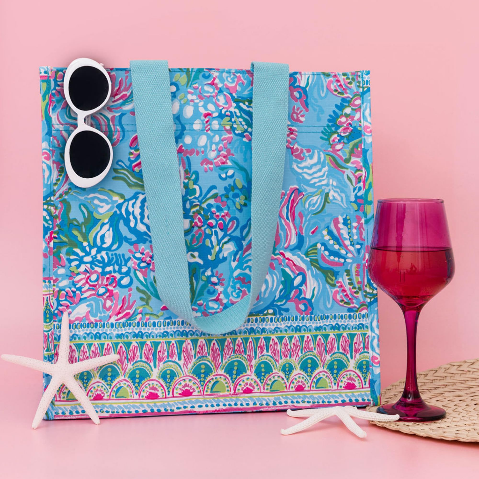 Lilly Pulitzer Blue/Green Market Shopper Bag, Reusable Grocery Tote With Comfortable Shoulder Straps, Aqua La Vista