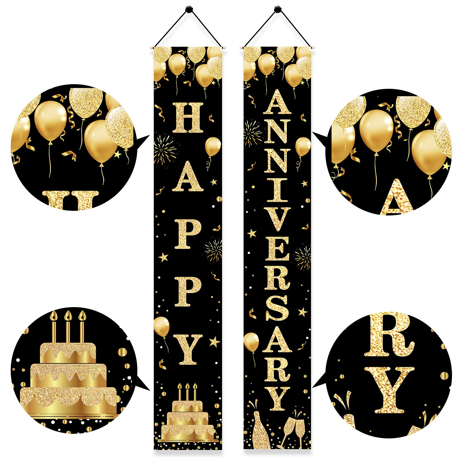 Wedding Anniversary Decorations Door Banner, Black Gold Happy Anniversary Banner Sign Party Supplies, Anniversary Party Welcome