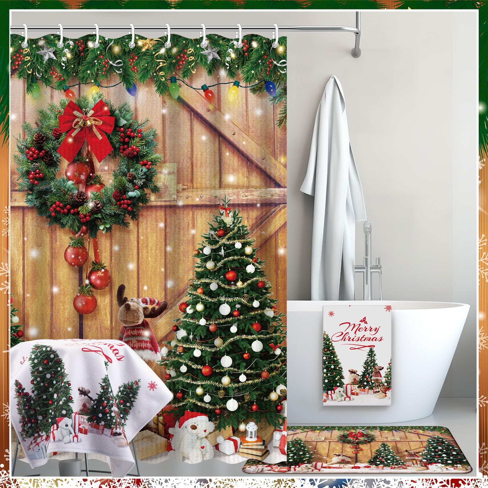 Nuanchu 6 Pcs Christmas Shower Curtain Set with Rug Bathroom Sets with Shower Curtain Bath Mat U Shaped Mat Toilet Lid Cover 2 B