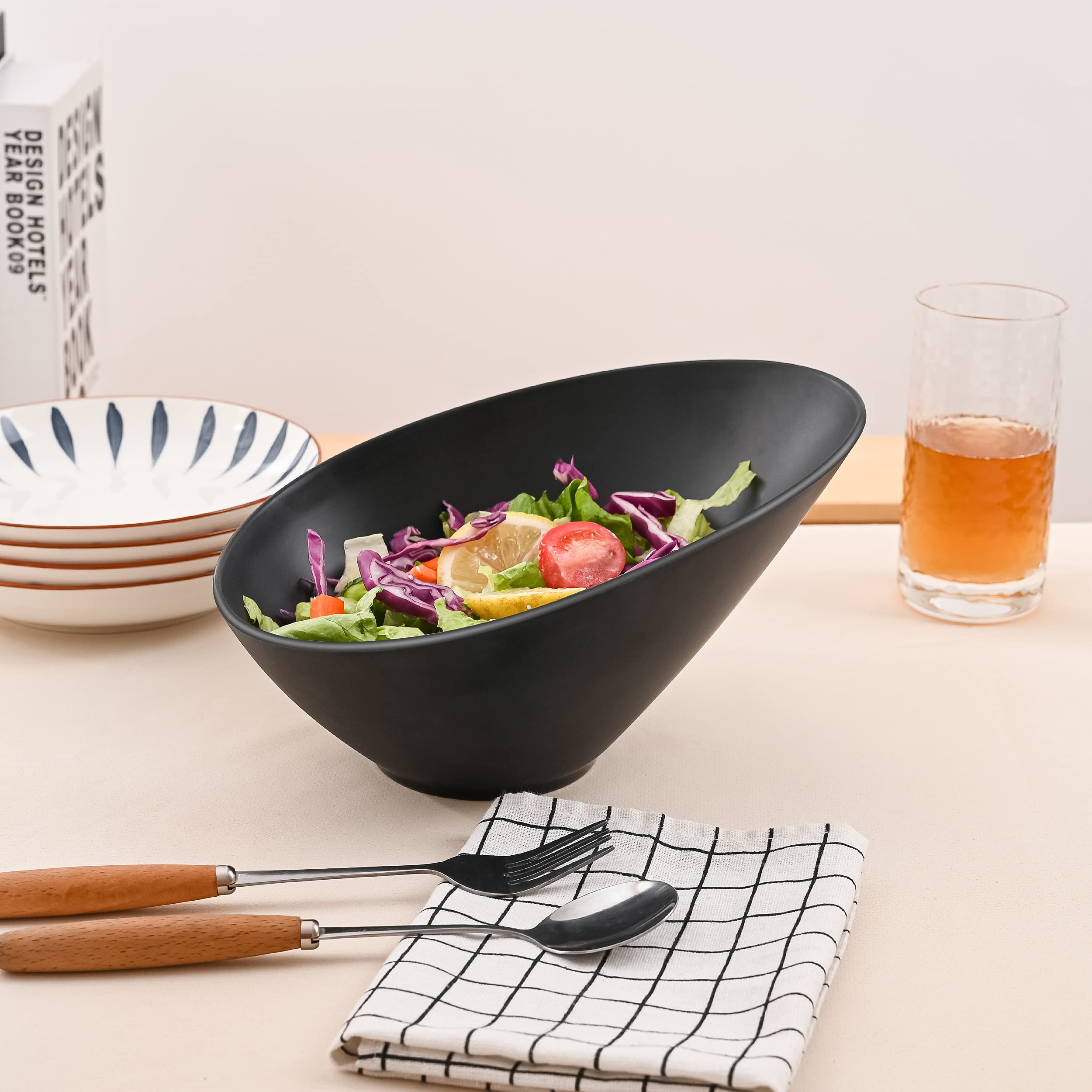 Lovyanxue Bamboo Fiber Salad Bowls, Compostable Elegant Black Serving Angled Bowls For Salad, Pasta, Soup, Prep, Ideal For Home