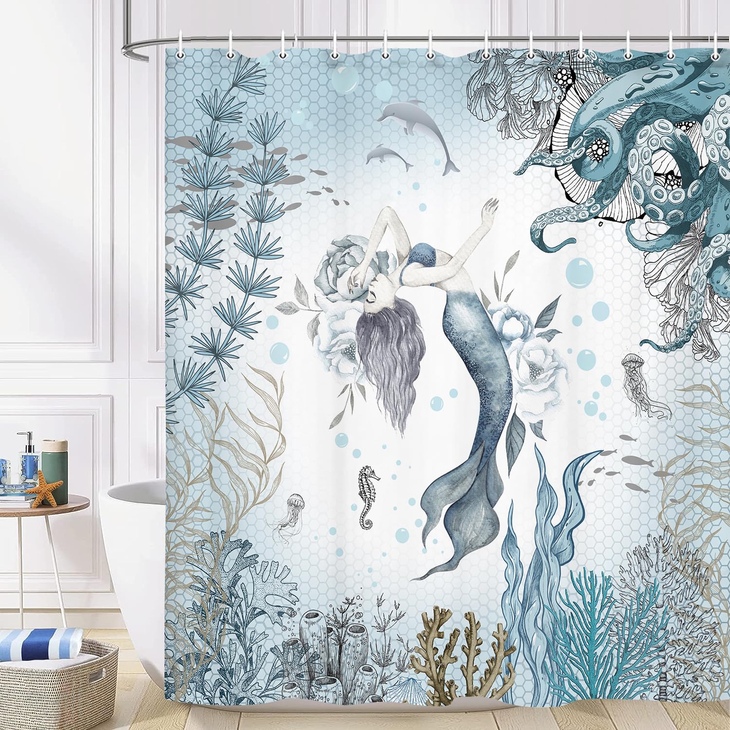 Mermaid Shower Curtain, Sea Ocean Octopus Coral Reef Fish Seashell Jellyfish Theme Waterproof Fabric Bathroom Curtains, Teal And