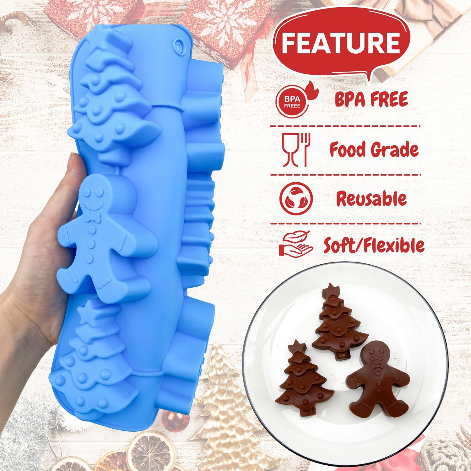 Orapink 1 Pieces Silicone Christmas Chocolate Molds Gingerbead Man,Christmas Tree Shape 3D Chocolate/Candy/Soap/Cheese Moulds fo