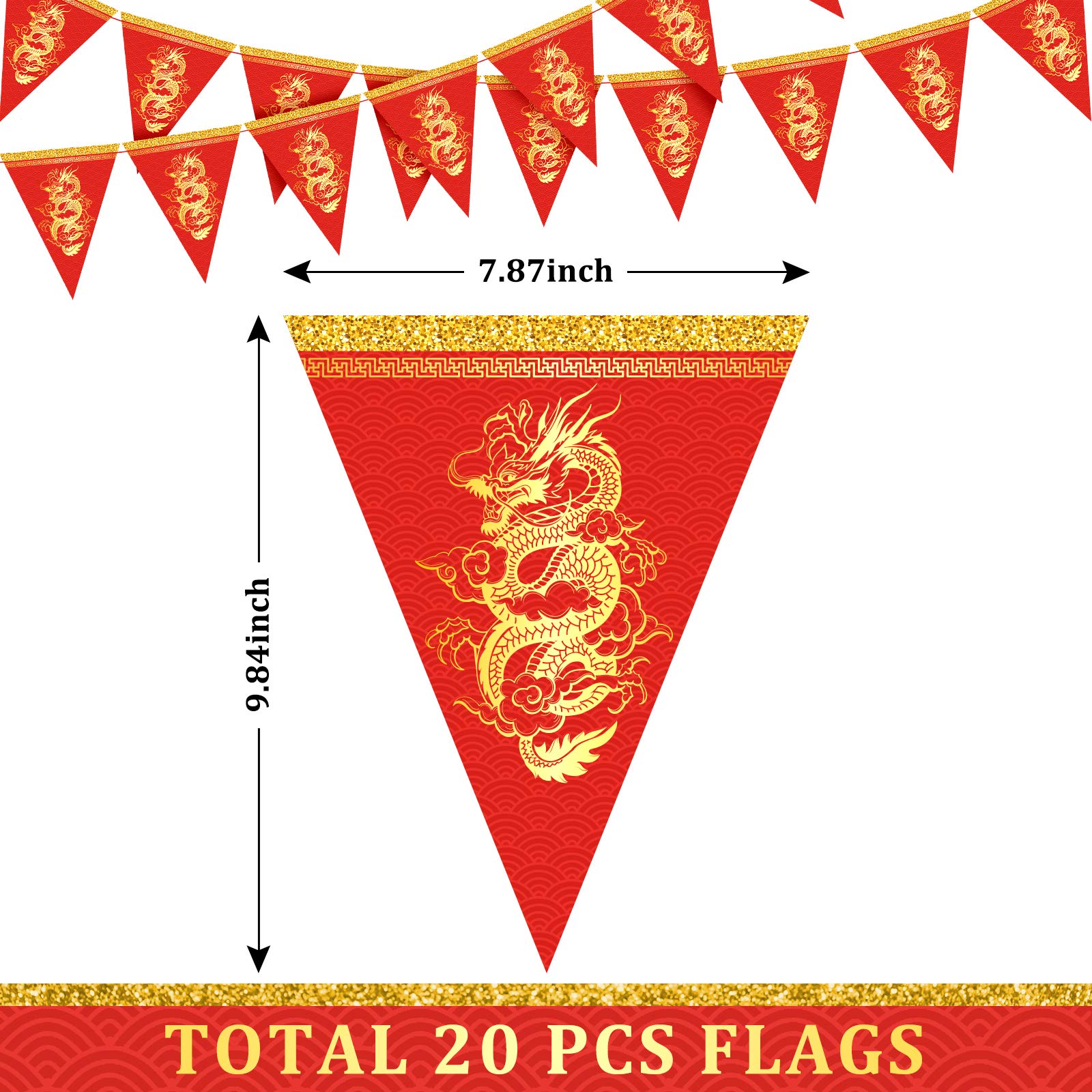 Whaline 20Pcs Chinese New Year Dragon Pennant Banner 2024 Spring Festive Triangle Bunting Flag Pre-Assembled Garland For Chinese