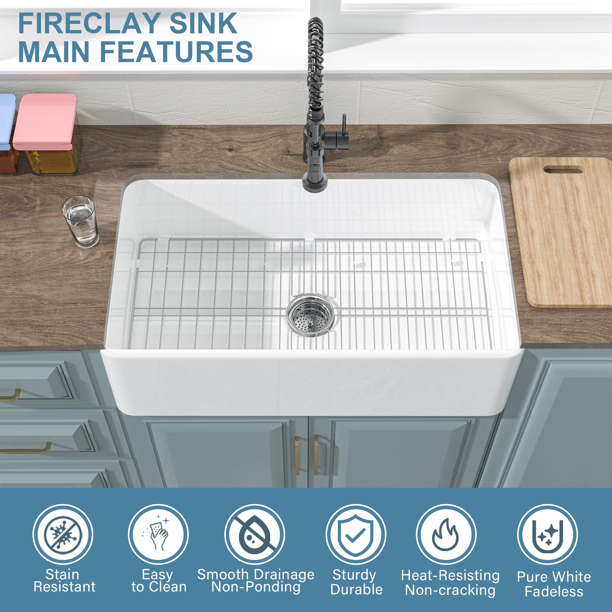 Homlylink Farmhouse Sink For Kitchen 33 Inch Farm Sink Large Apron Sink Single Bowl Farmhouse Kitchen Sink White Undermmount Kit