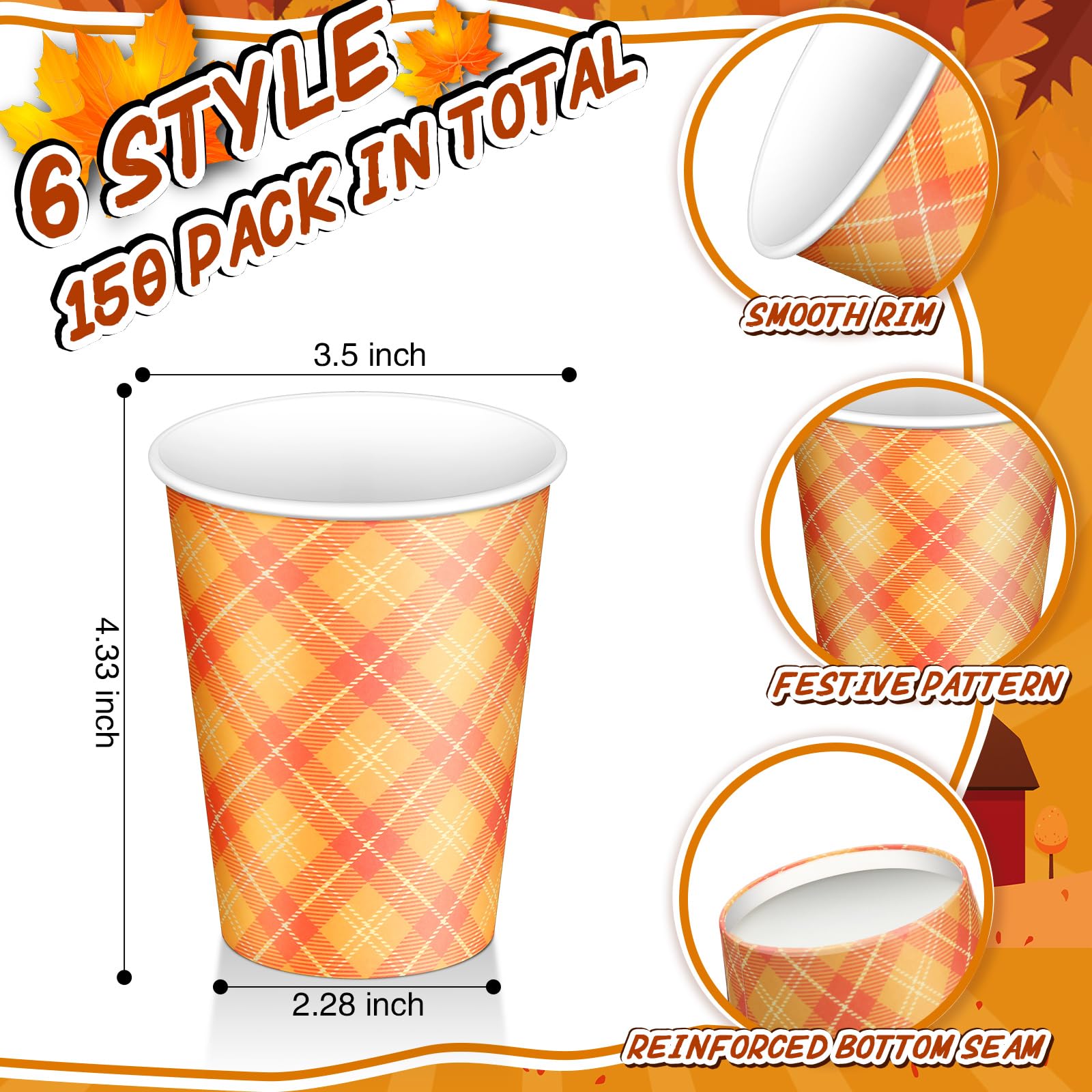 Umigy 150 Pack Thanksgiving Paper Coffee Cups 12 oz Fall Disposable Paper Cups for Thanksgiving Hot Cold Beverage Juice Snack an