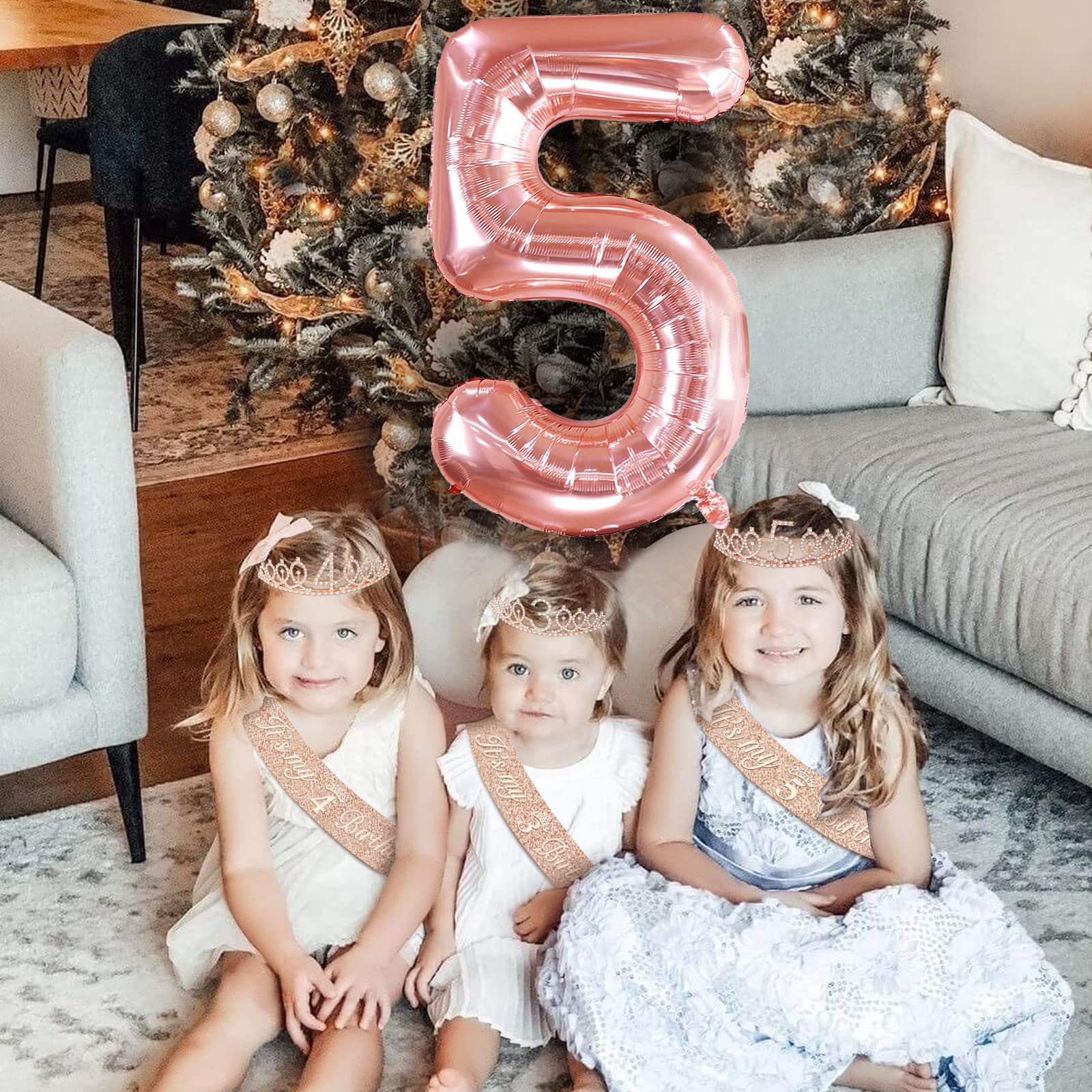 5Th Birthday Decorations For Girls, Including 5Th Birthday Sash And Tiara, 5 Candles And Cake Toppers, Rose Gold Balloons And 3D