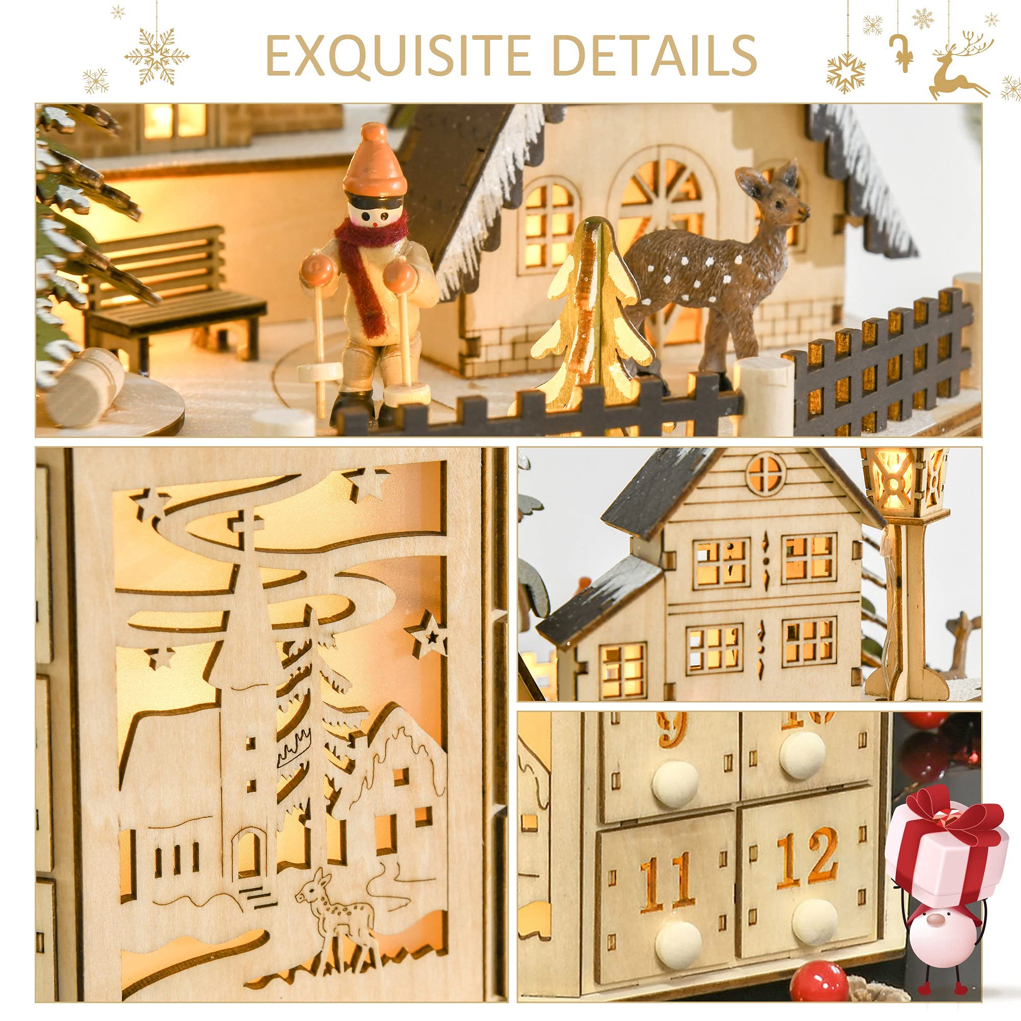 HOMCOM Christmas Advent Calendar, Light Up Table Xmas Wooden Holiday Decoration with Countdown Drawers and Village, for Kids and