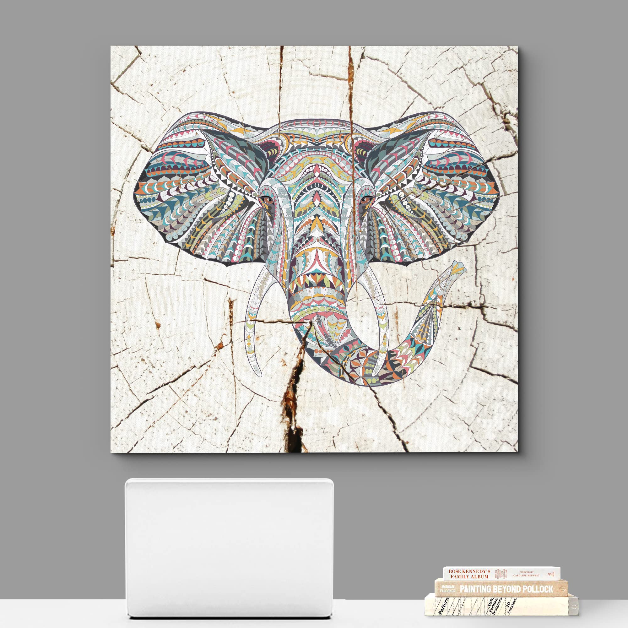 Wall26 Canvas Print Wall Art Wood Ring Effect Tribal Pattern Elephant Animals Wildlife Wood Panels Modern Art Farmhouse/Country
