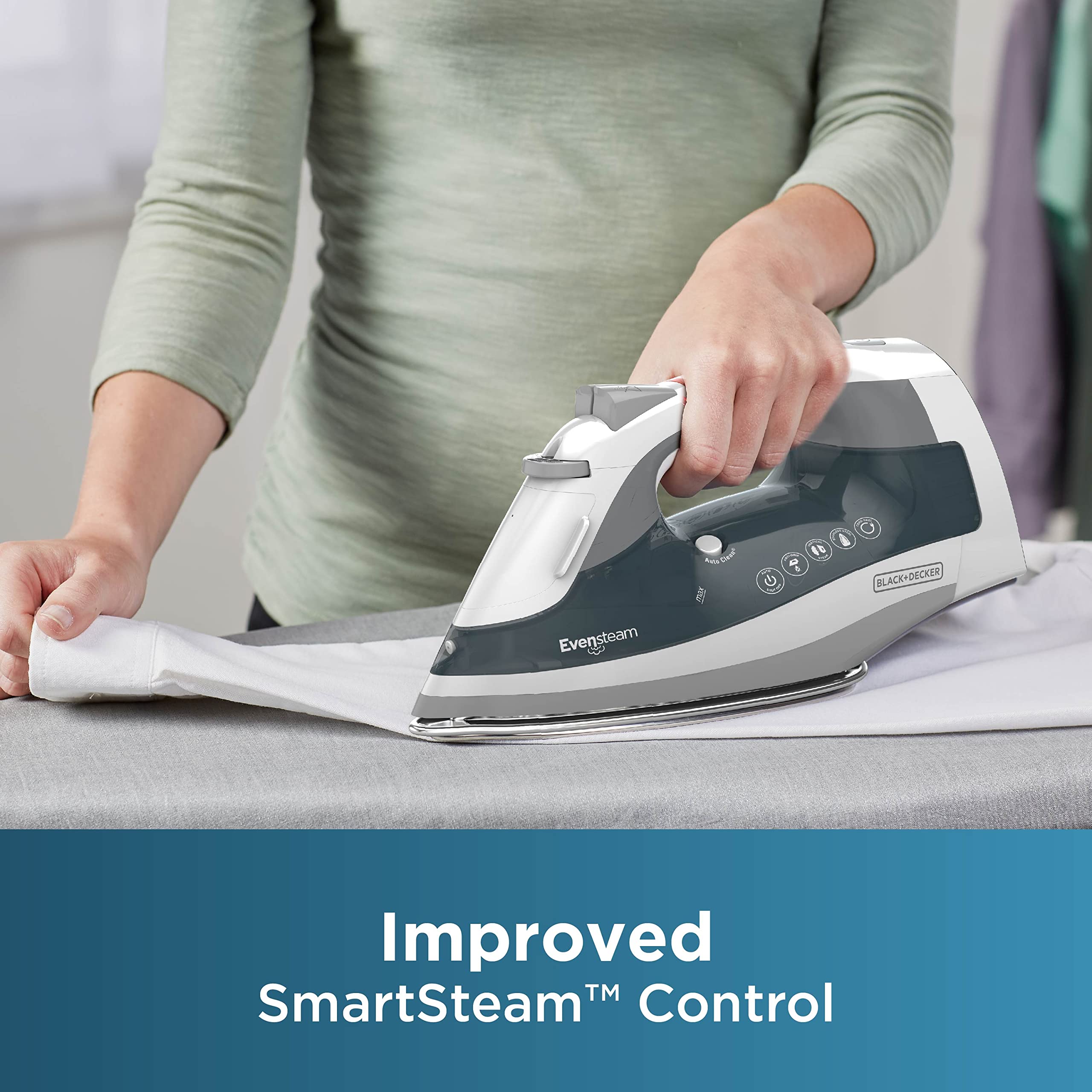 Black+Decker One Step Steam Iron With Evensteam Stainless Steel Soleplates And Smartsteam Control, Grey