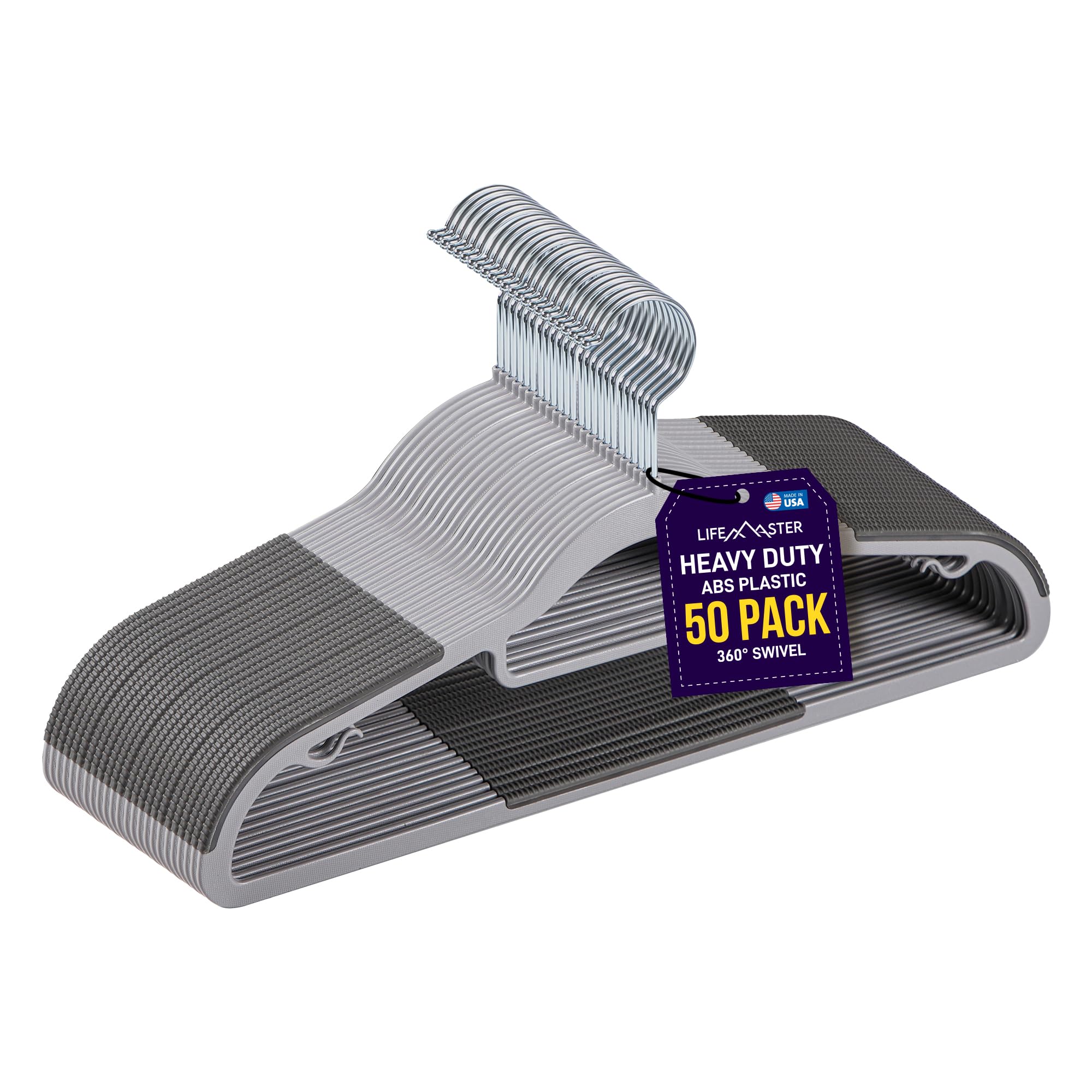 Lifemaster Premium Quality Velvet Non-Slip Clothes Hangers - Set Of 50 Sturdy Black Plastic Coat Hangers With Smooth 360 Swivel