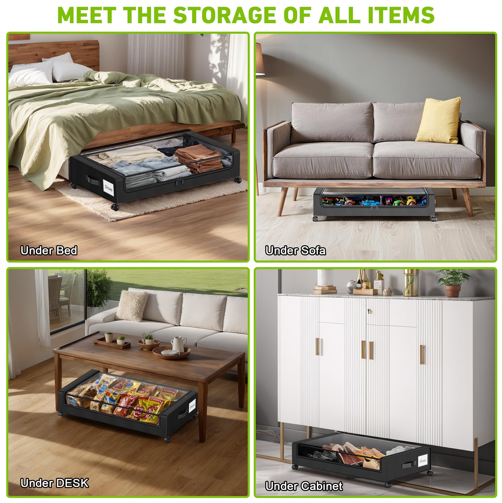 Beborxue Under Bed Storage with Wheels, 2-Pack Under Bed Storage Containers with Clear Lids, XXL 60L Under the bed storage Organ