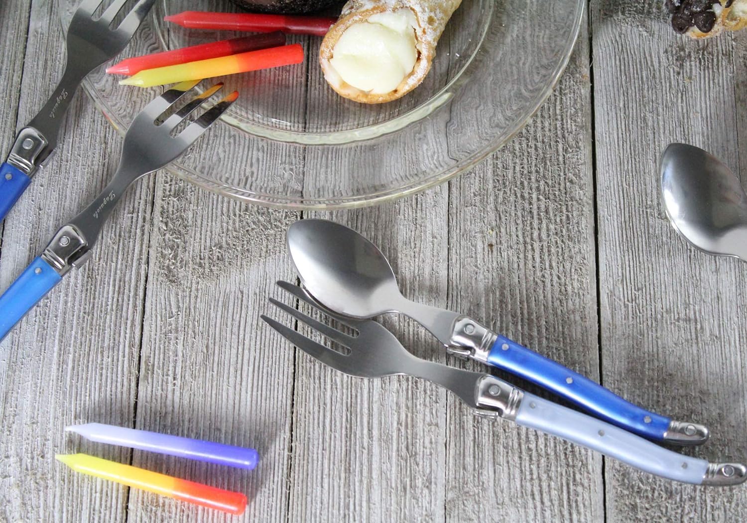 French Home Laguiole Dessert Spoons & Forks Set Of 8 (Shades Of Blue Handles) - Stainless Steel Cutlery Set For Fruits, Cheese &