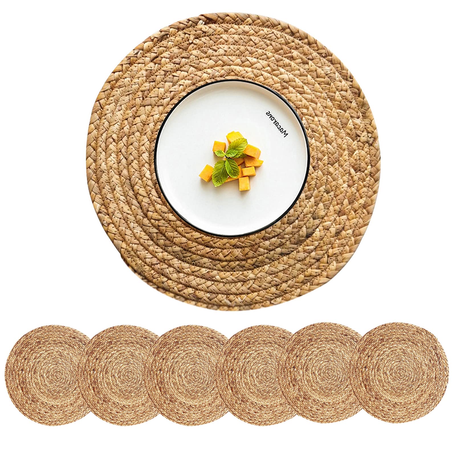 Cy Sisters Woven Placemats Round Placemats Set Of 6, 13.5 Inch Wicker Placemats Circle Rattan Placemats Farmhouse Boho Braided N