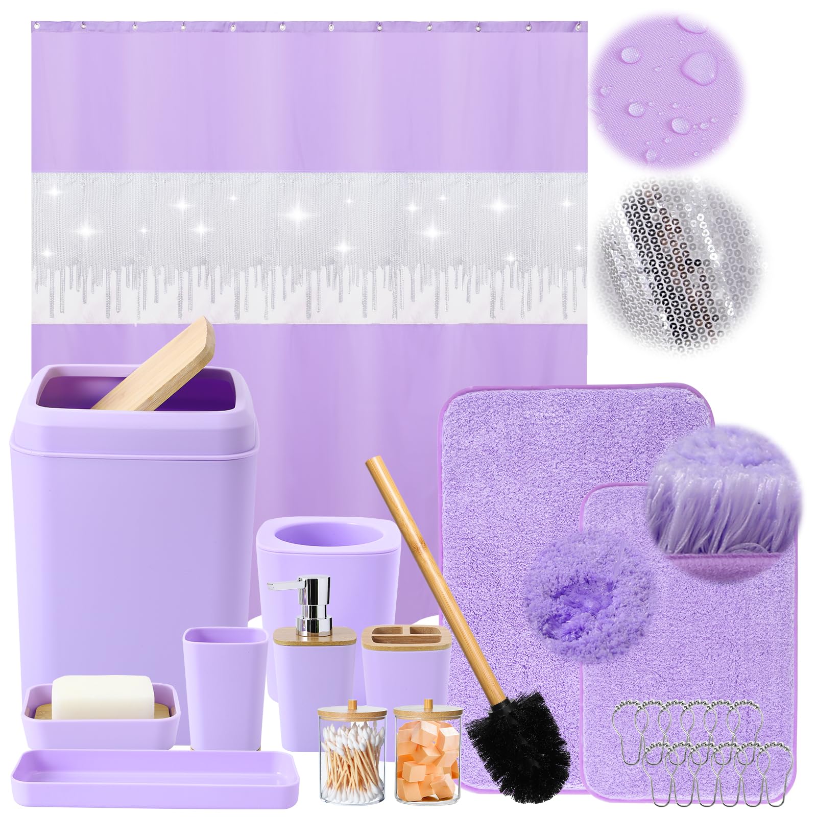 24Pcs Bathroom Sets With Shower Curtain And Rugs,Bathroom Sets With Extra Soft And Absorbent Bath Rugs Purple Shower Curtain Set