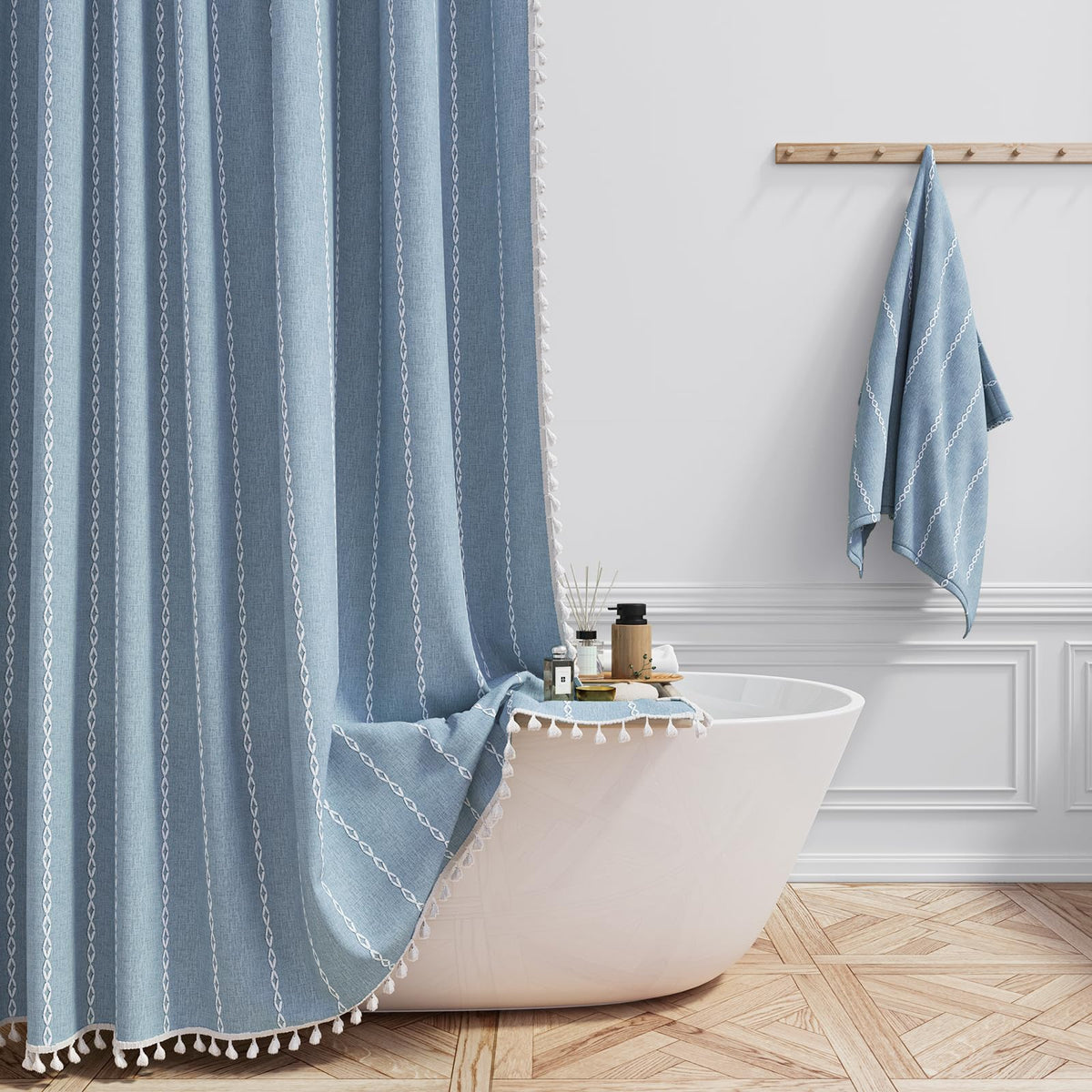 Bttn Extra Long Shower Curtain, 96 Inch Boho Rustic Striped Fabric Shower Curtain Set With Tassel, Water Resistant, Large Bohemi