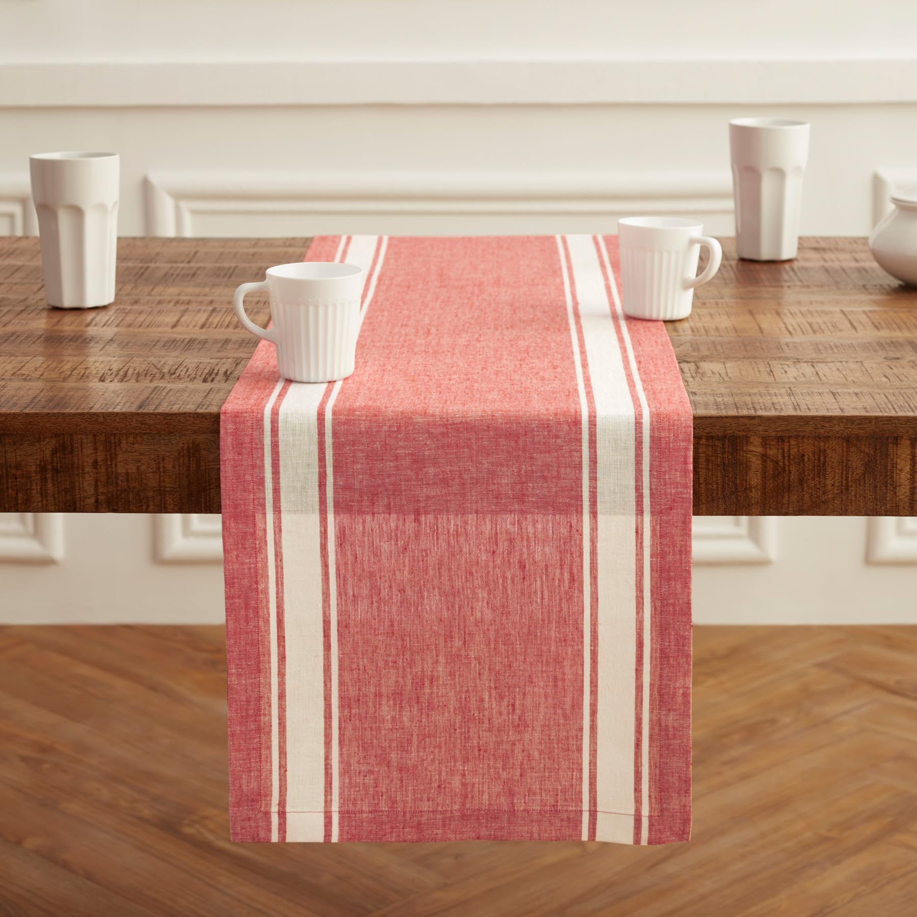 Solino Home Stripe Linen Red And White Table Runner 108 Inches Long - 100% Pure Linen Farmhouse Stripe Dining Table Runner 14 X
