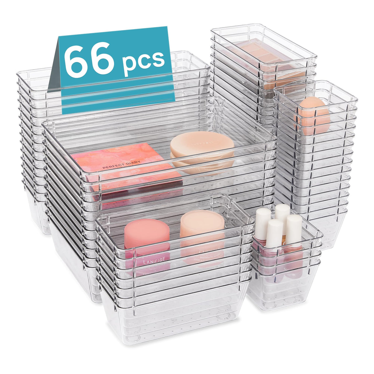 Vtopmart 66 PCS Clear Plastic Drawer Organizers Bins, 4-Size Versatile Bathroom and Vanity Organizer Trays, Non-Slip Storage Con