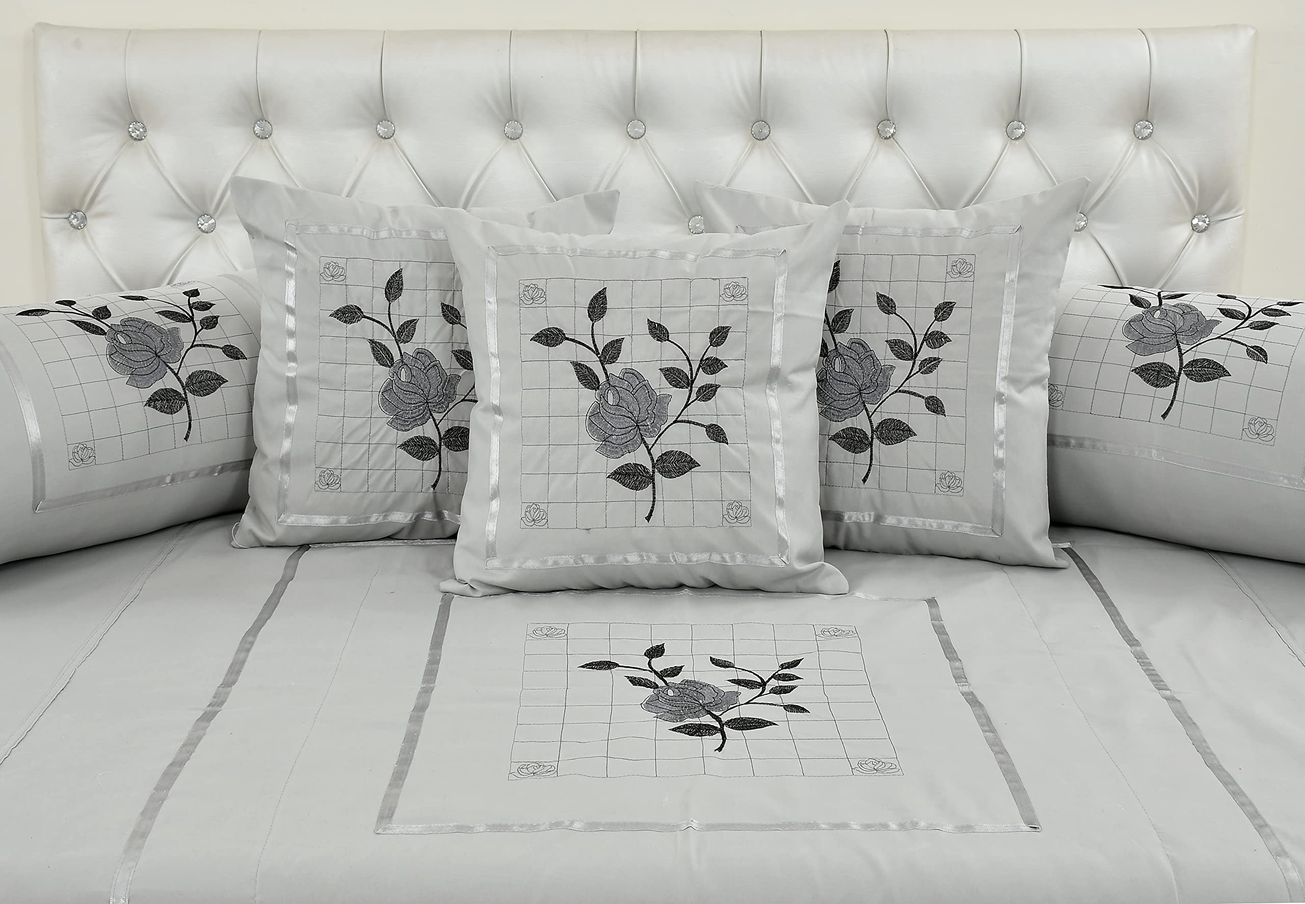 Rj Products Designer Embroided Cotton 8Pcs Diwan Set Grey
