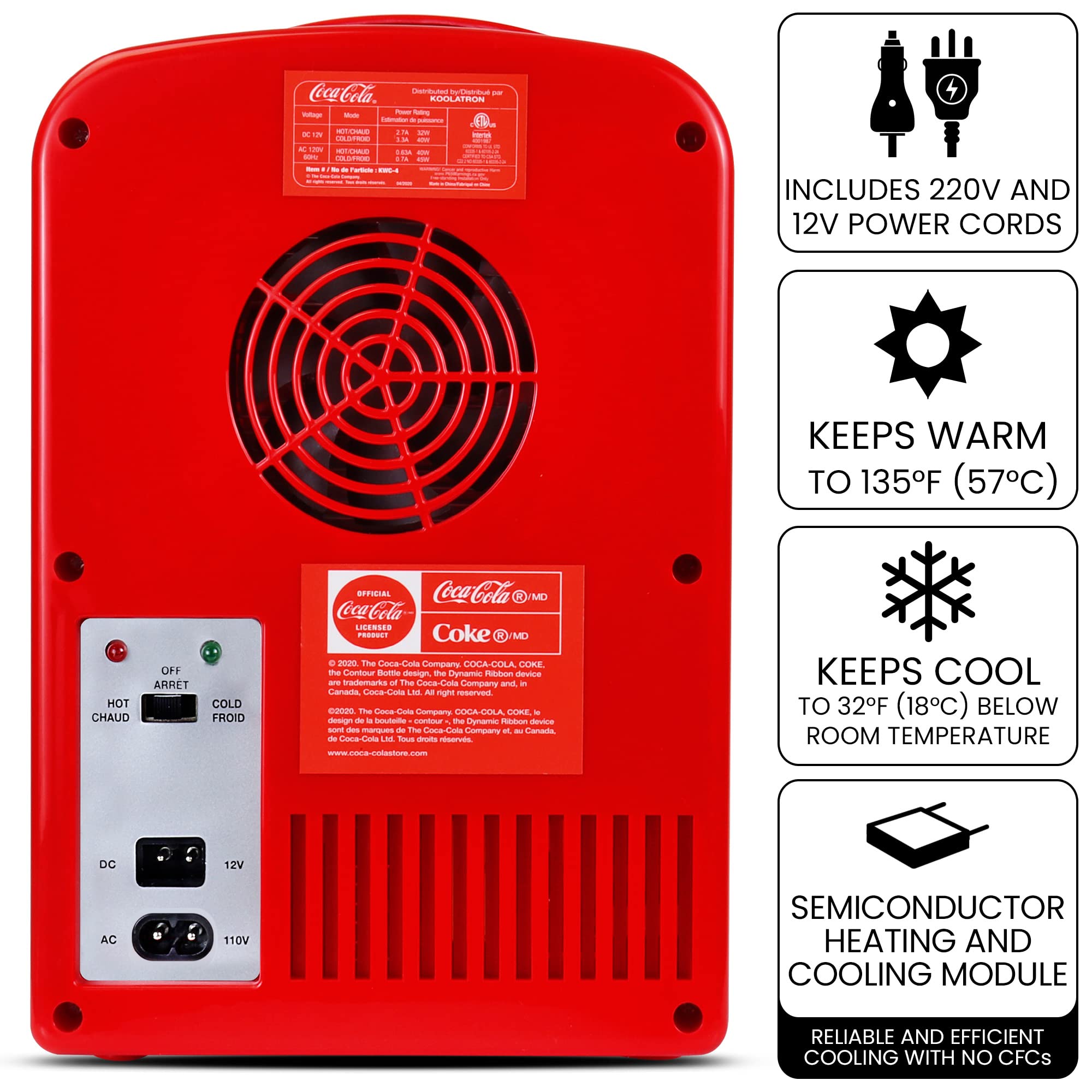 Coca-Cola 4L Portable Cooler/Warmer, Compact Personal-Travel-Fridge For Snacks Lunch Drinks Cosmetics, Includes 12V And Ac Cords