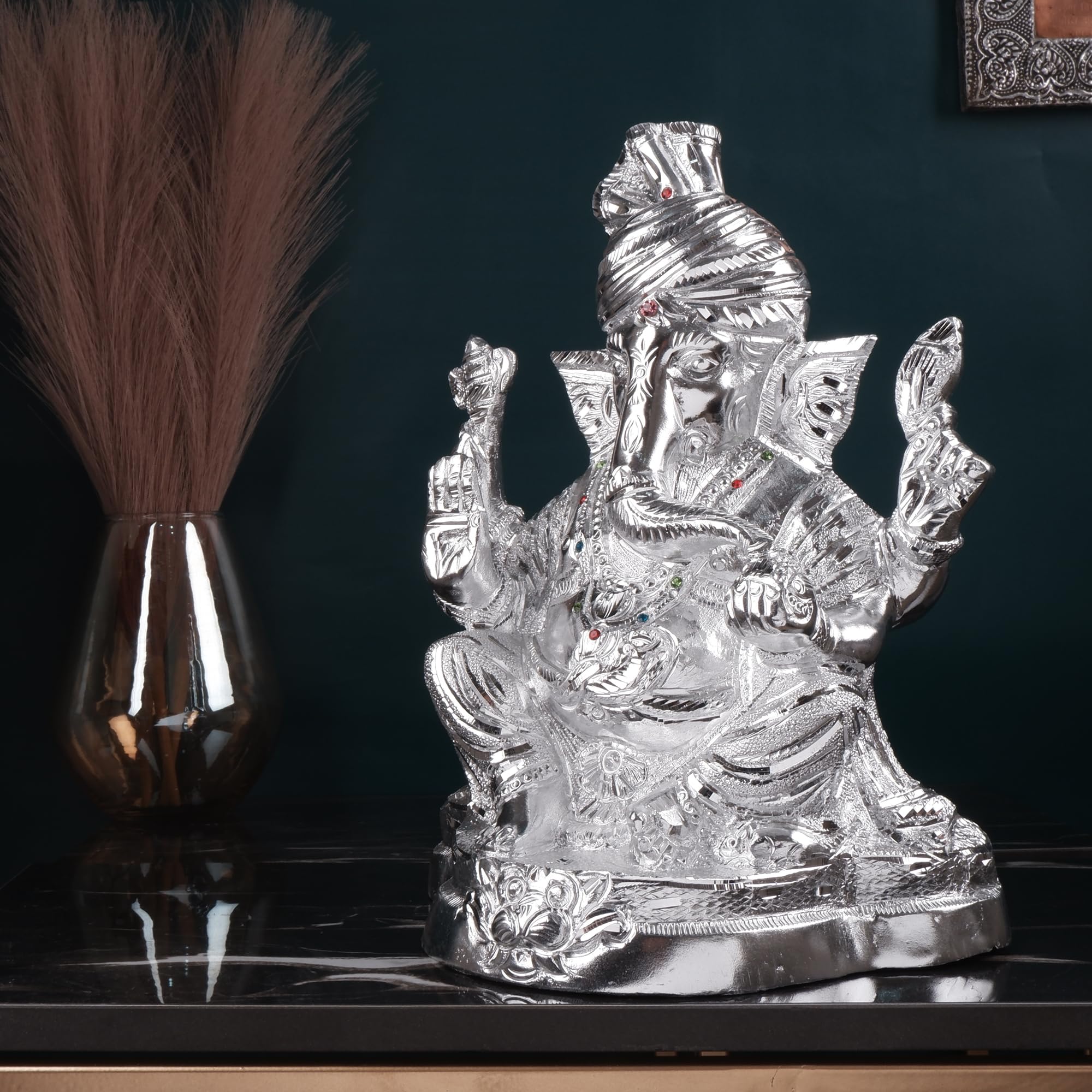 Shoppingrox Pagdi Ganesh God Idol | White Metal | Silver Colour - 29Cm