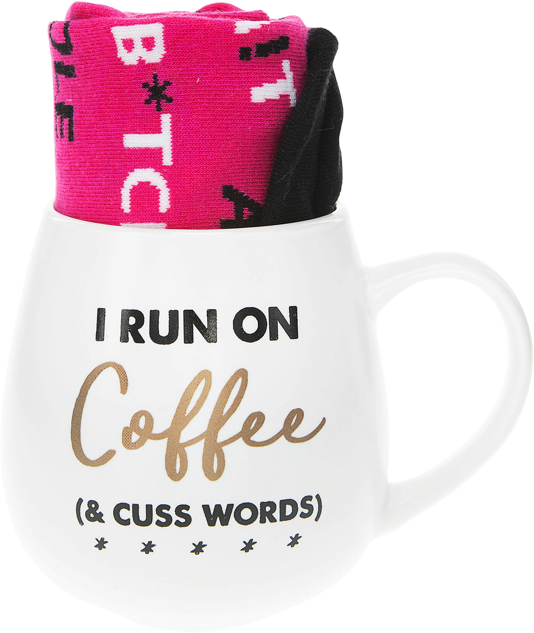 Pavilion Gift Company I Run Cuss Word Socks & 15.5 Oz Coffee Cup Mug Gift Set, White