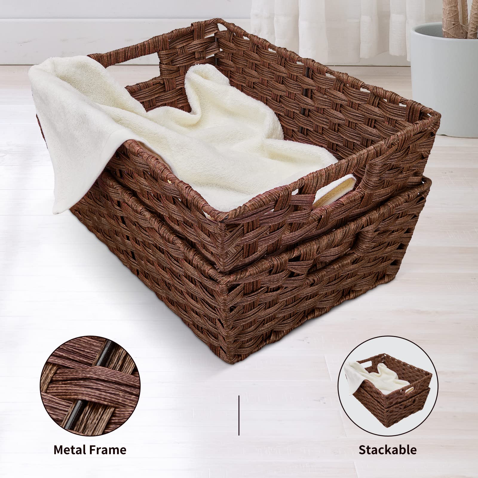 Onlytak Large Wicker Storage Basket, Metal Frame, Set Of 2, Washable Waterproof, 15'' X 10.3'' X 5.2'', Brown Color, Woven Baske