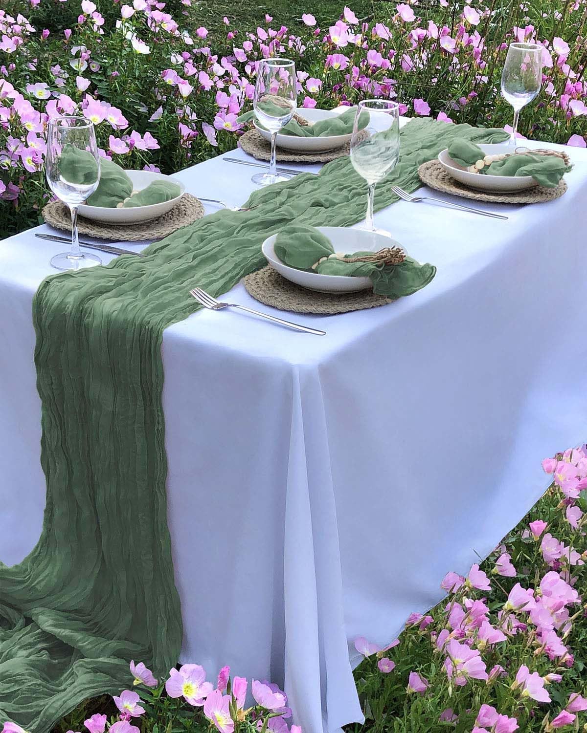 Fusenyuan Sage Green Cheesecloth Table Runner 10Ft +6 Napkins +6 Wood Bead Napkin Rings Rustic Gauze Sheer Table Runner Sets For