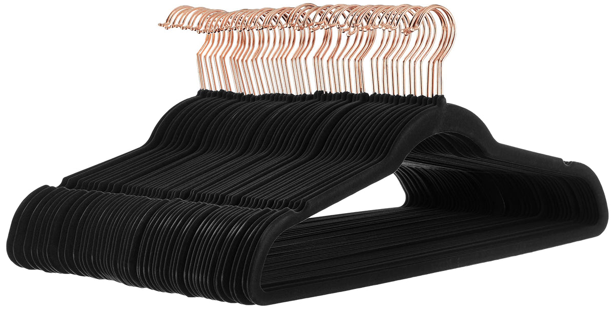 Amazon Basics Slim, Velvet, Non-Slip Suit Clothes Hangers, Black/Rose Gold - Pack Of 50
