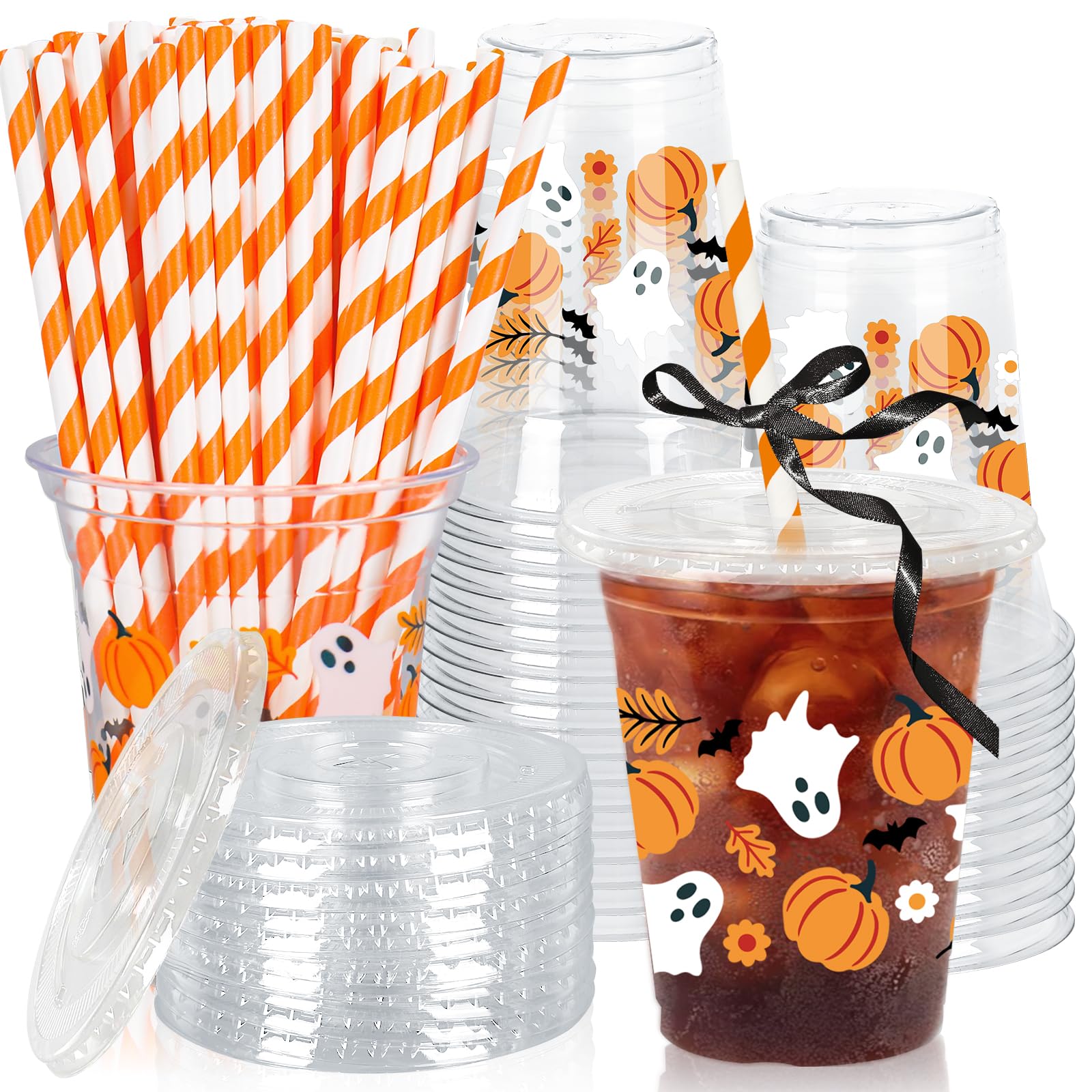 Whaline 50Pcs 12Oz Halloween Plastic Cups with Lids & Straws Pumpkin Ghost Disposable Clear Drinking Cups with Black Ribbon for 