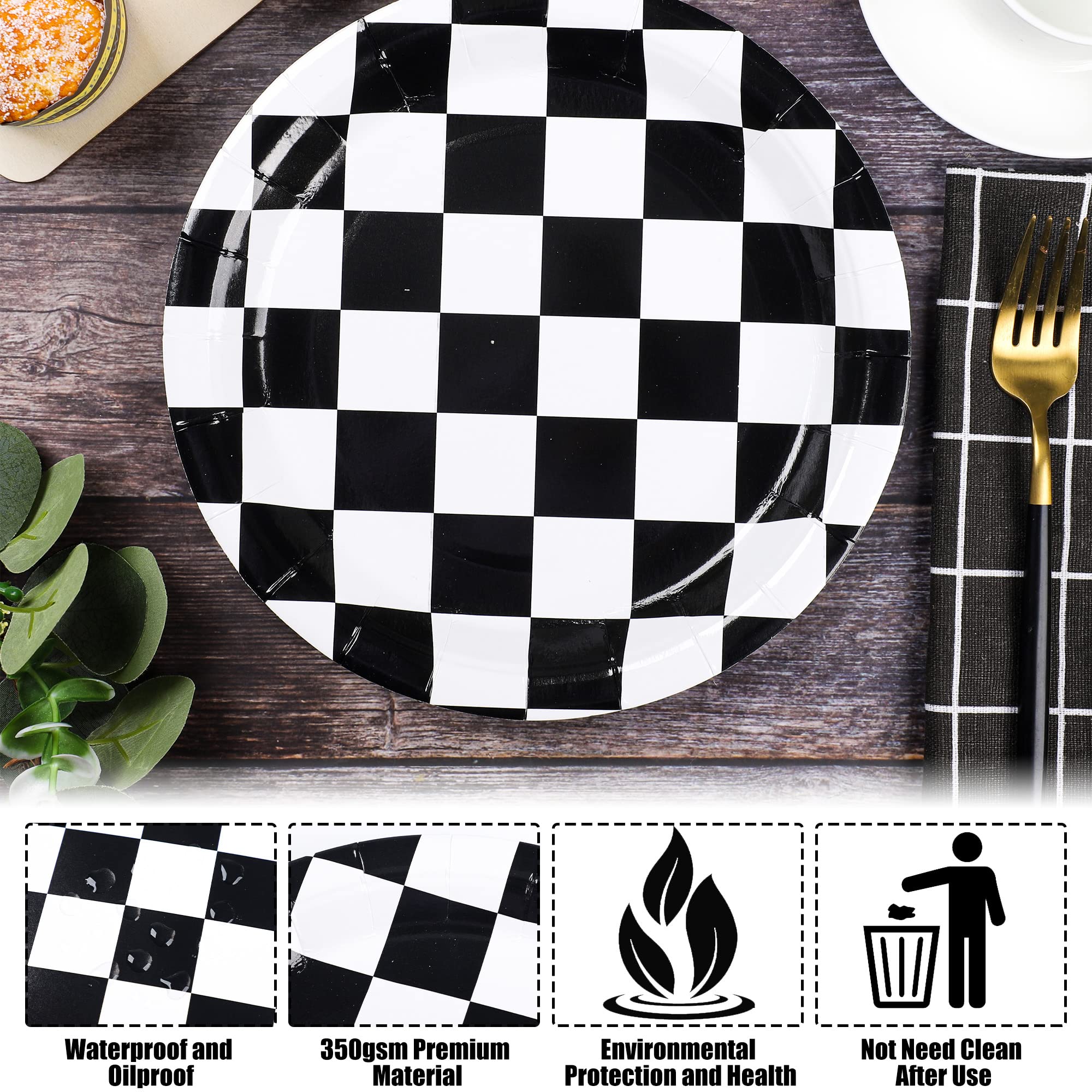 Racing Car Paper Plates Black And White Disposable Plates Checkered Flag Party Plates Round Dessert Dinner Paper Plate For Race