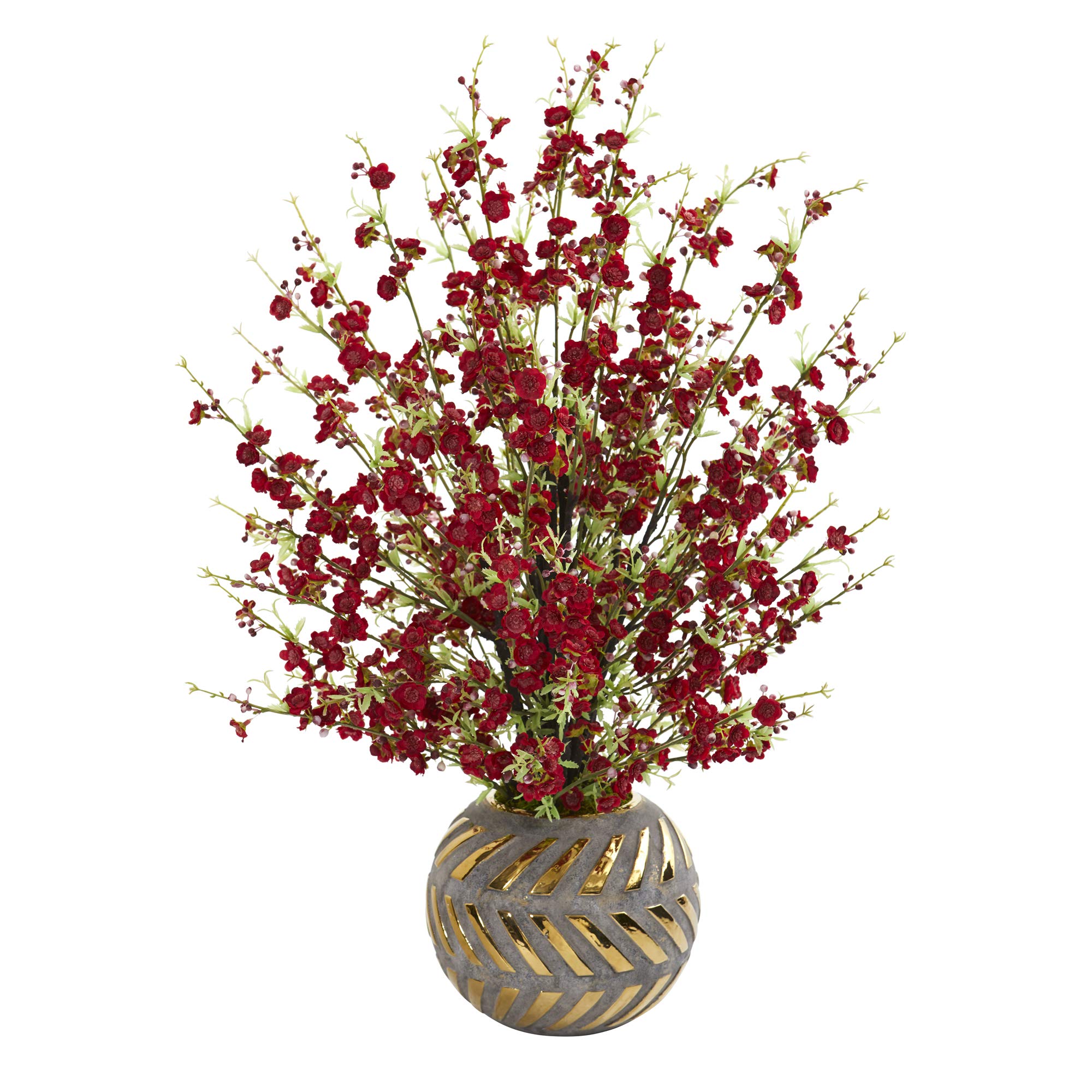 Nearly Natural 30in. Cherry Blossom Artificial Arrangement in Stoneware Vase with Gold Trimming