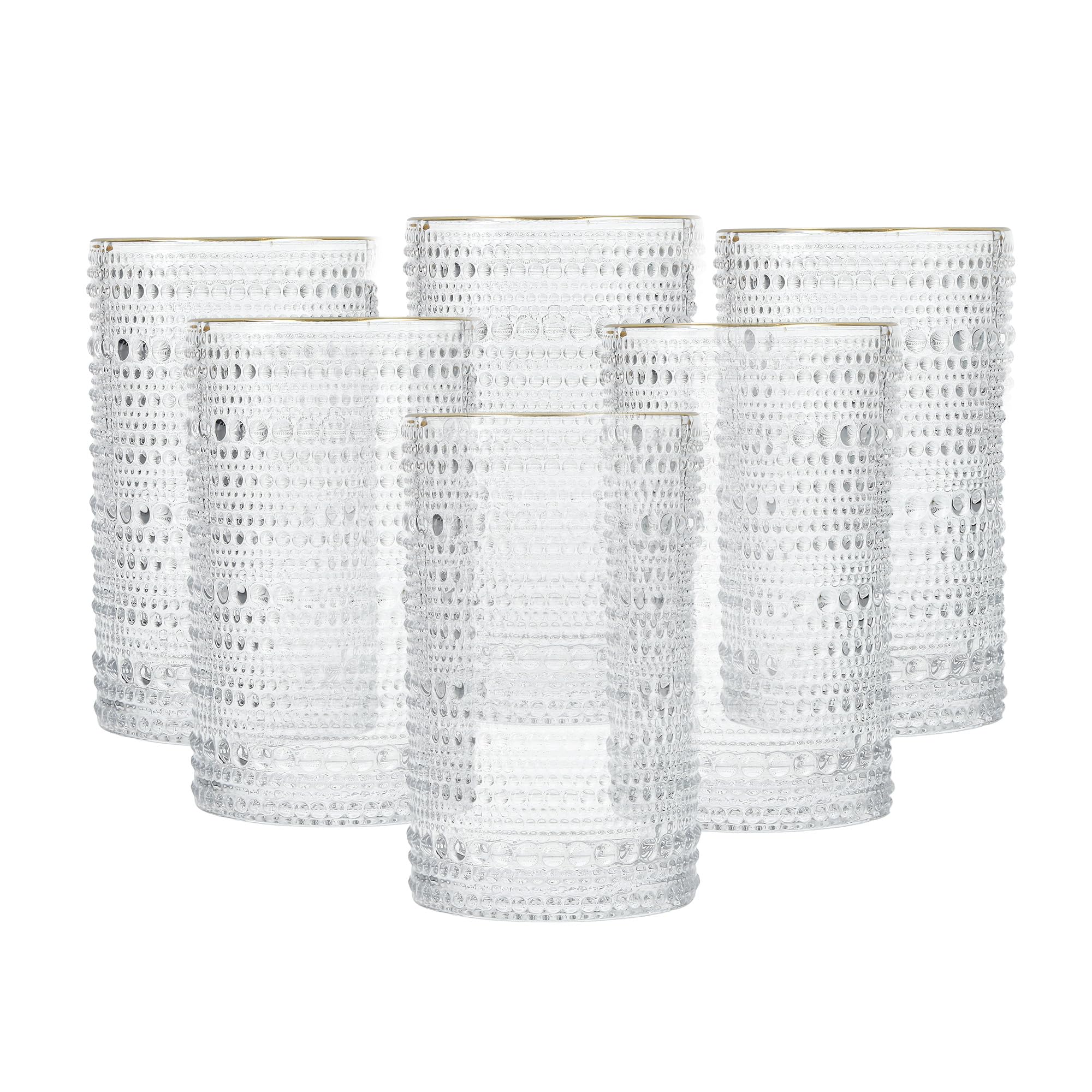 Fortessa Jupiter Beaded Hobnail Glass, 13 Ounce Iced Beverage (Set of 6), Gold Rim Clear