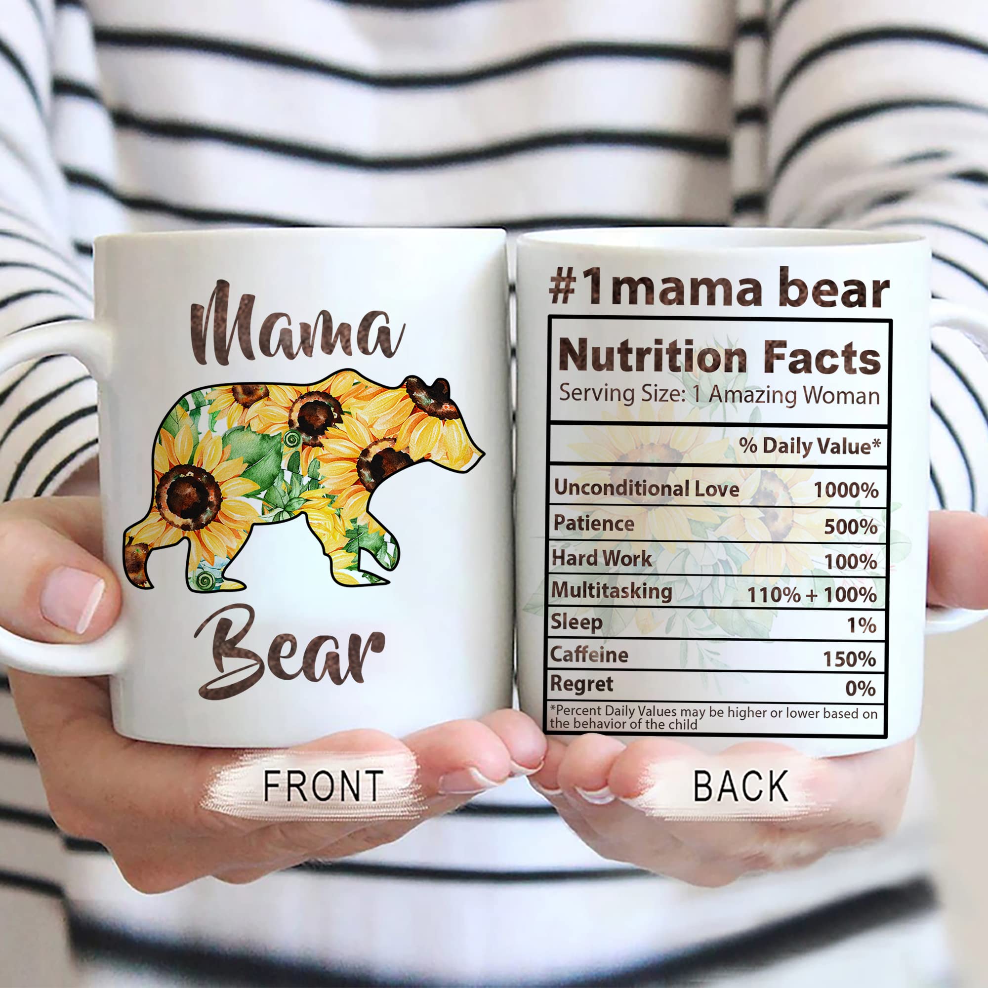 Hyturtle Sunflower Mama Bear Nutrition Facts 11oz White Coffee Mug, Gifts For Women love bear Stepmom From Daughters, Sons On Bi