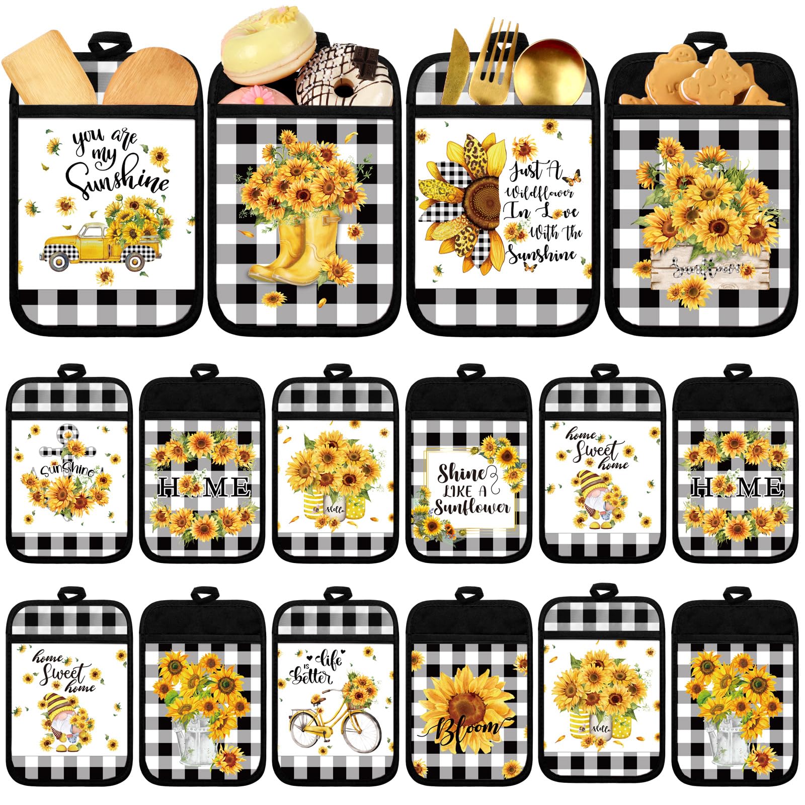Jingmore 12 Pcs Sunflower Pot Holders with Pocket Teacher Appreciation Gift Bulk Summer Pot Holders Buffalo Plaid Hot Pads and O