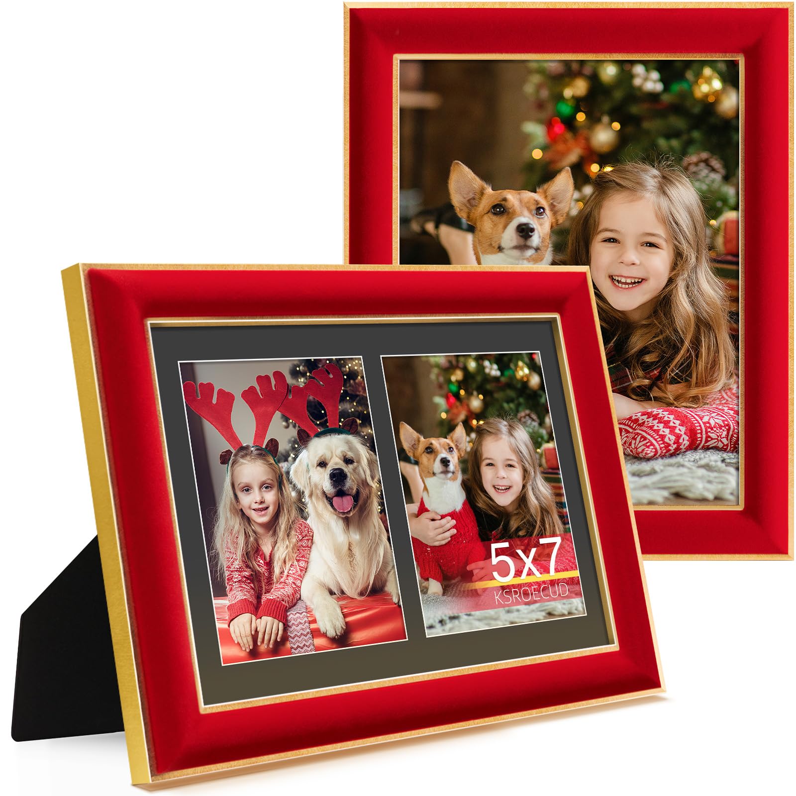 KSROECUD 8.5x11 Velvet Picture Frame with 2 Openings 5x7 Pictures, HD Real Glass Red Velvet Photo Frame with Black White Border 