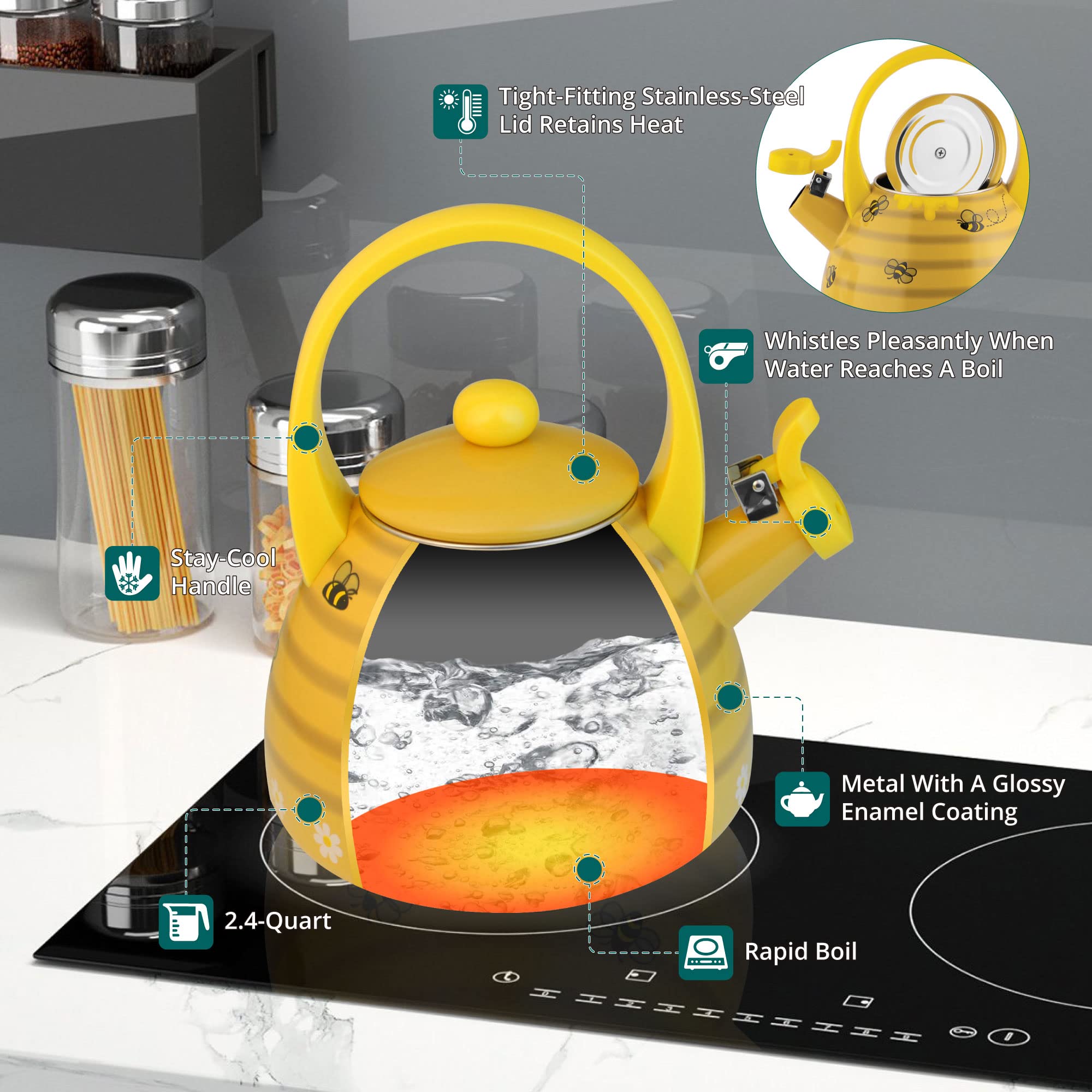 Upware Enamel On Steel Whistling Tea Kettle, Stovetop Teakettle (2.4 Quart, Bee Hive)