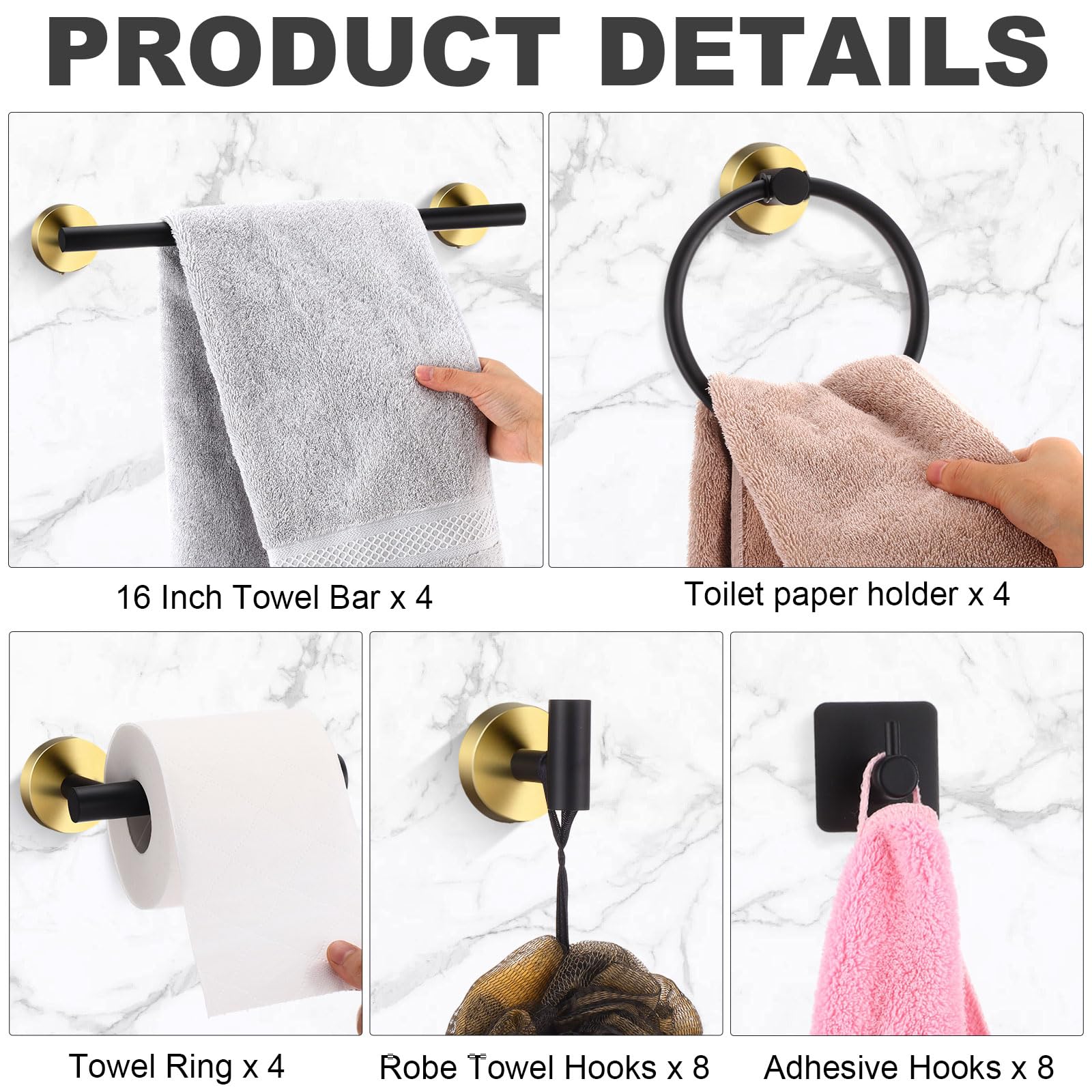 Blulu 28 Pcs Bathroom Hardware Set Stainless Steel Bathroom Accessories Set, Including 16'' Bath Towel Bar, Towel Rings, Robe Ho