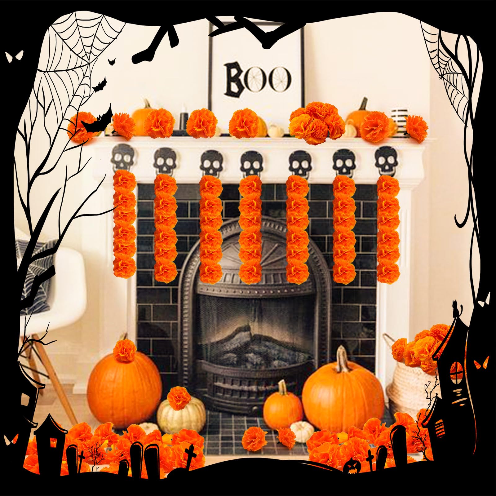 TRvancat Day of The Dead Decorations Set, Include 2 Pack Marigold Garland, 50pcs Silk Marigold Flowers with Stems, 10pcs Butterf