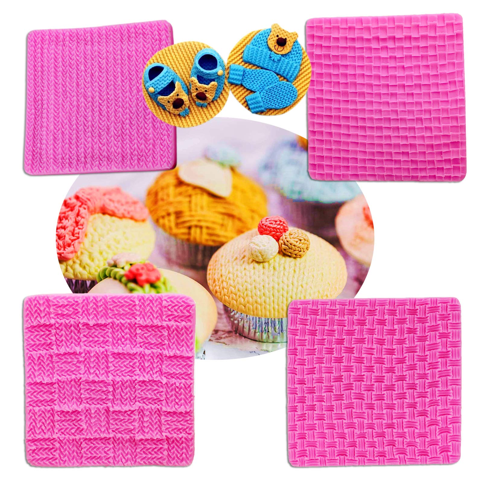 Muyulin Knitting Cake Molds, (4 Pack) Sweater Design Mat Silicone Fondant Molds Texture Stamp Mat For Birthday Cake Decorating C