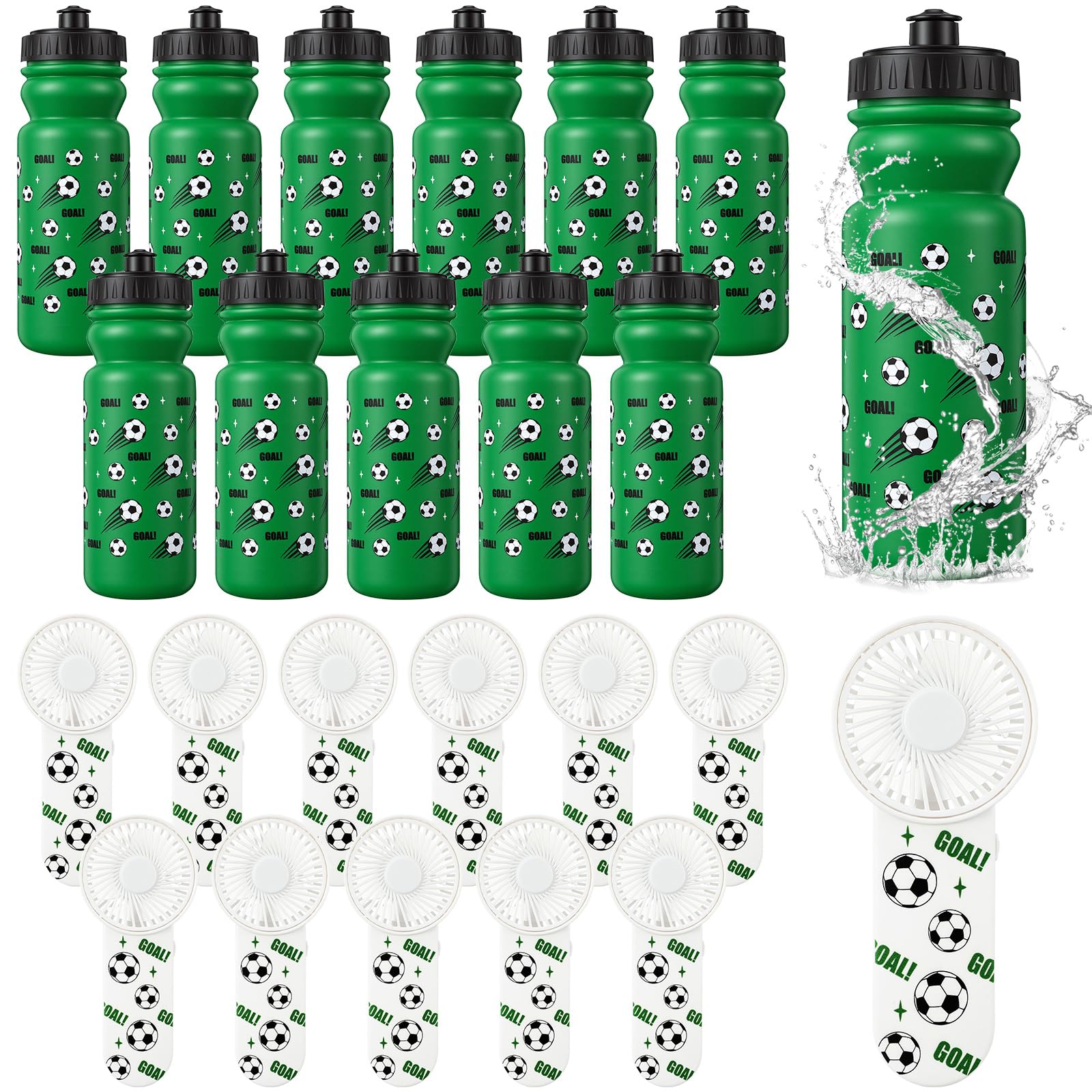 VIHOSE 24 Pack 20 oz Soccer Water Bottle and Fan Set - Portable Sports Squeeze Bottles Gift Favors for Men Team Men Players, Spo